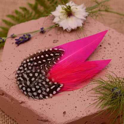 A decorative feather hair clip in bright hot pink feathers and black feathers with white spots, styled on a soft pink stone with flowers and greenery.