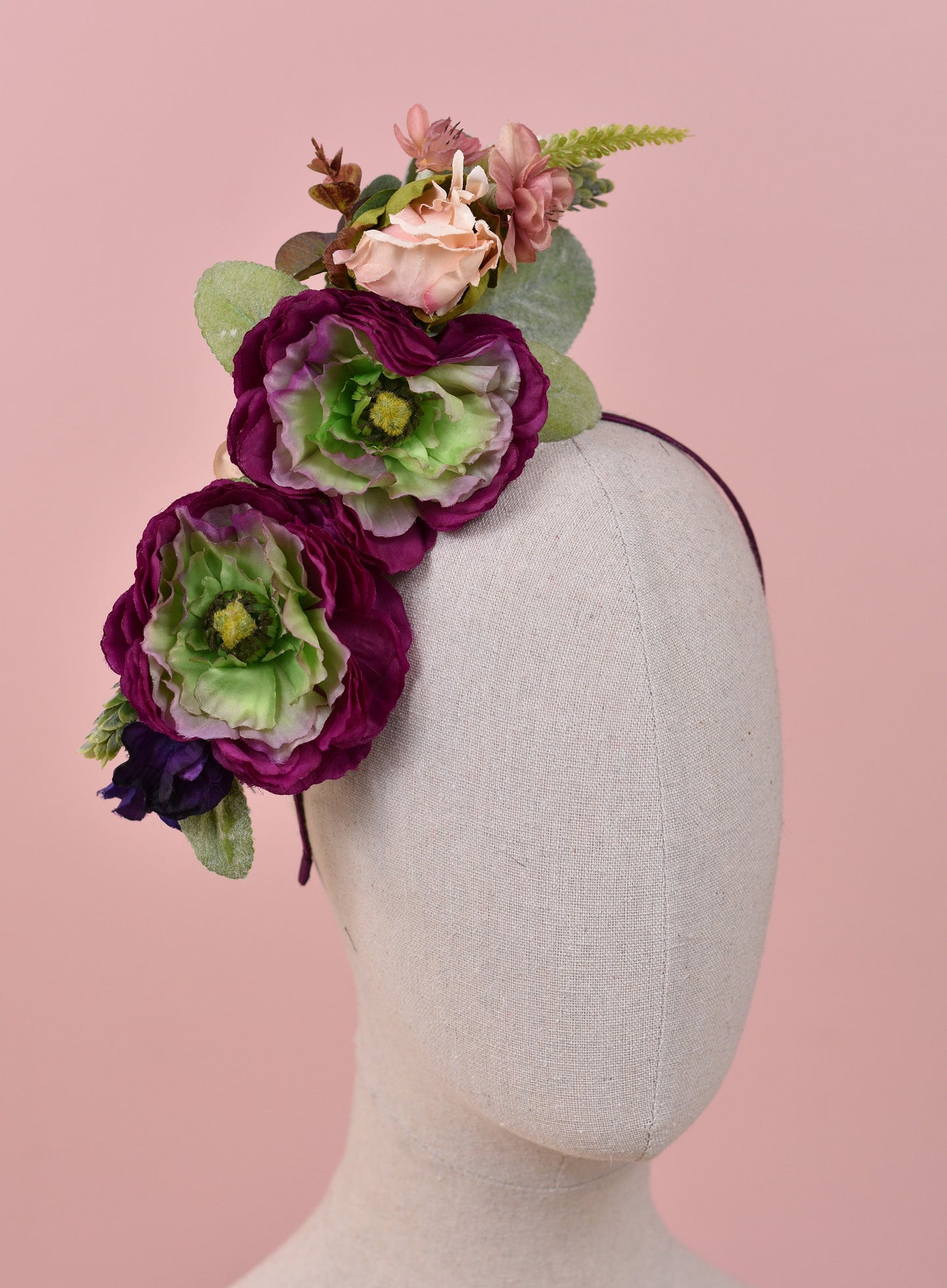Sculptural Plum and Peach Flower Headpiece | Flower Crown | Flower Headband | Wedding Headpiece | Races Headpiece