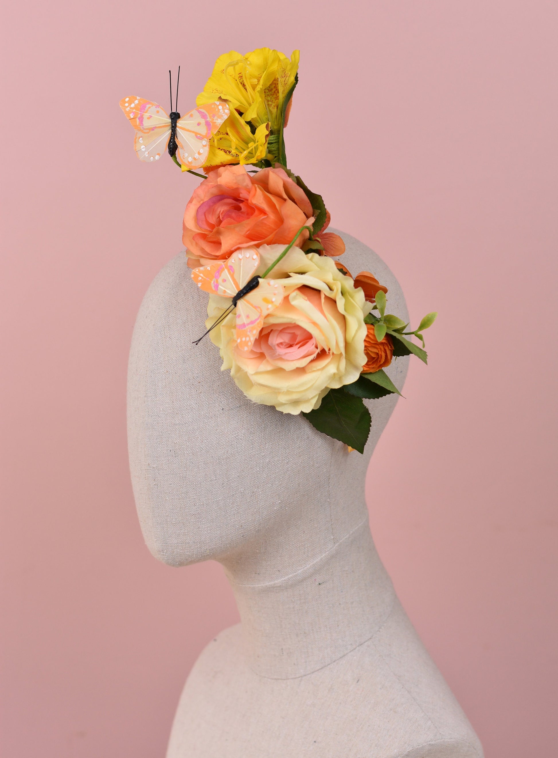 Sculptural Roses and Butterflies Headpiece in Yellow and Orange | Flower Crown | Flower Headband | Wedding Headpiece | Races Headpiece