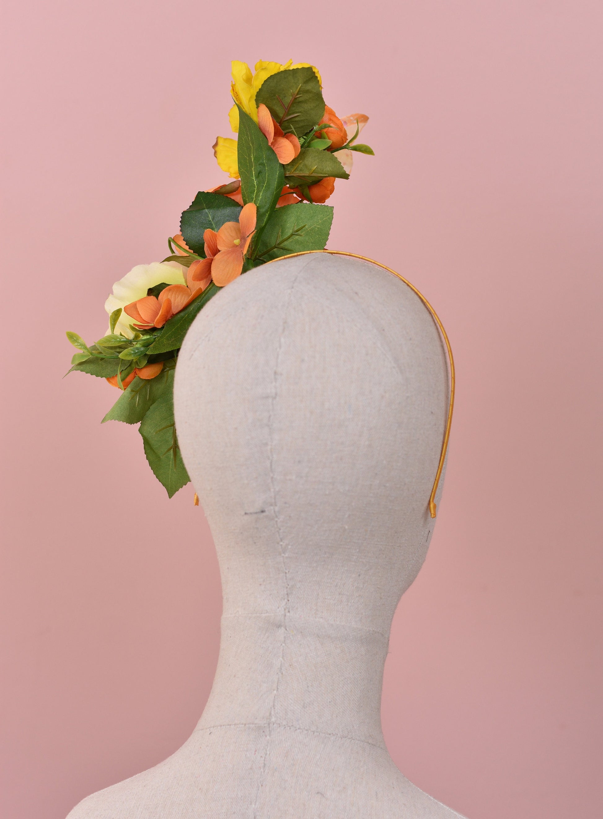 Sculptural Roses and Butterflies Headpiece in Yellow and Orange | Flower Crown | Flower Headband | Wedding Headpiece | Races Headpiece