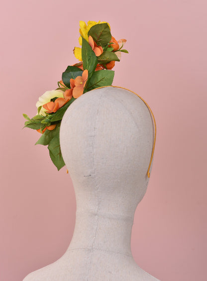 Sculptural Roses and Butterflies Headpiece in Yellow and Orange | Flower Crown | Flower Headband | Wedding Headpiece | Races Headpiece