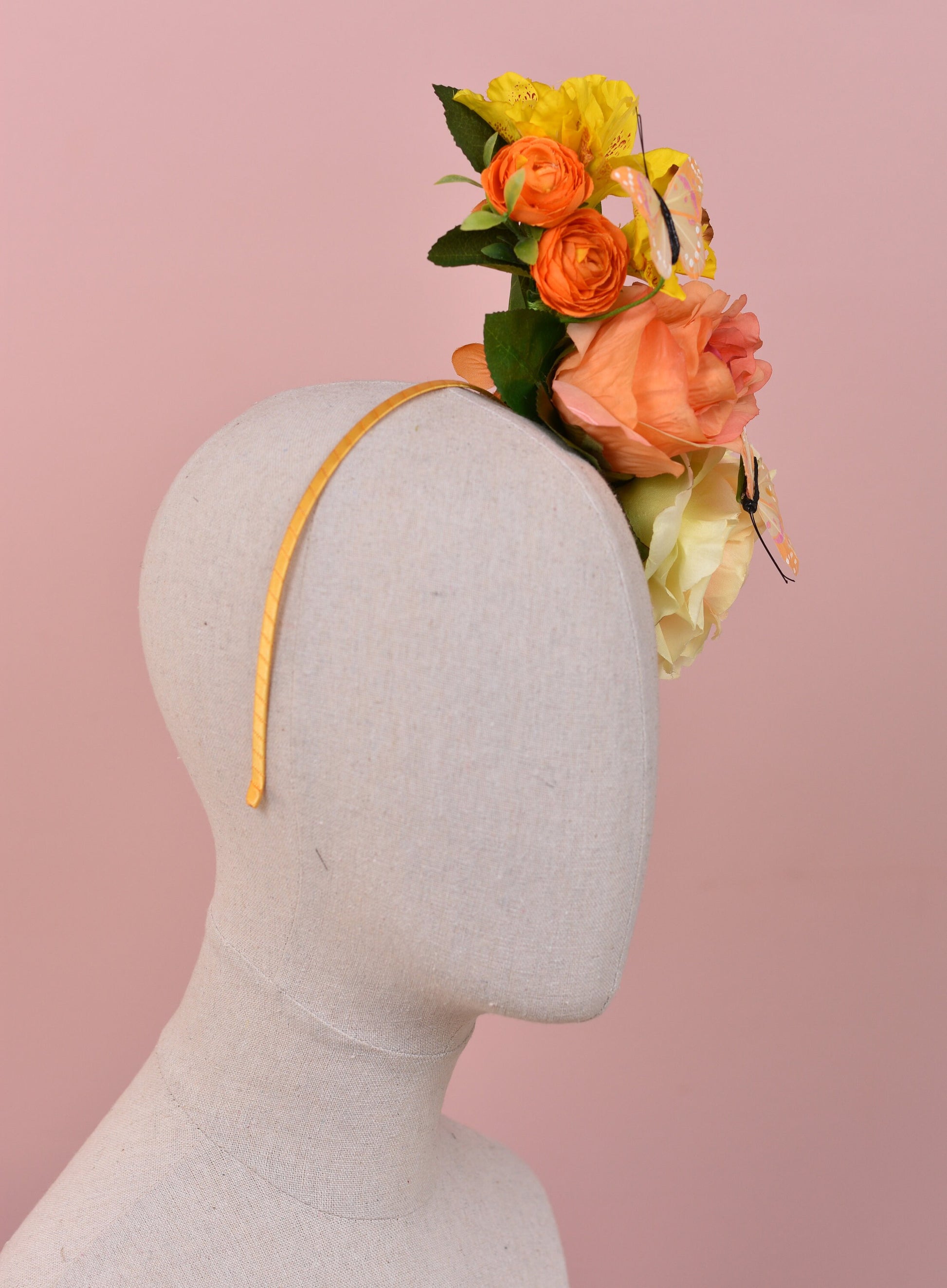 Sculptural Roses and Butterflies Headpiece in Yellow and Orange | Flower Crown | Flower Headband | Wedding Headpiece | Races Headpiece