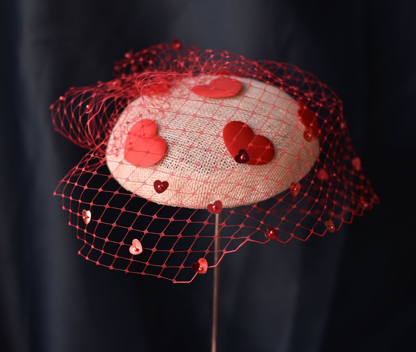 The Love Heart Fascinator with Sequin Veil in Blush Pink and Red