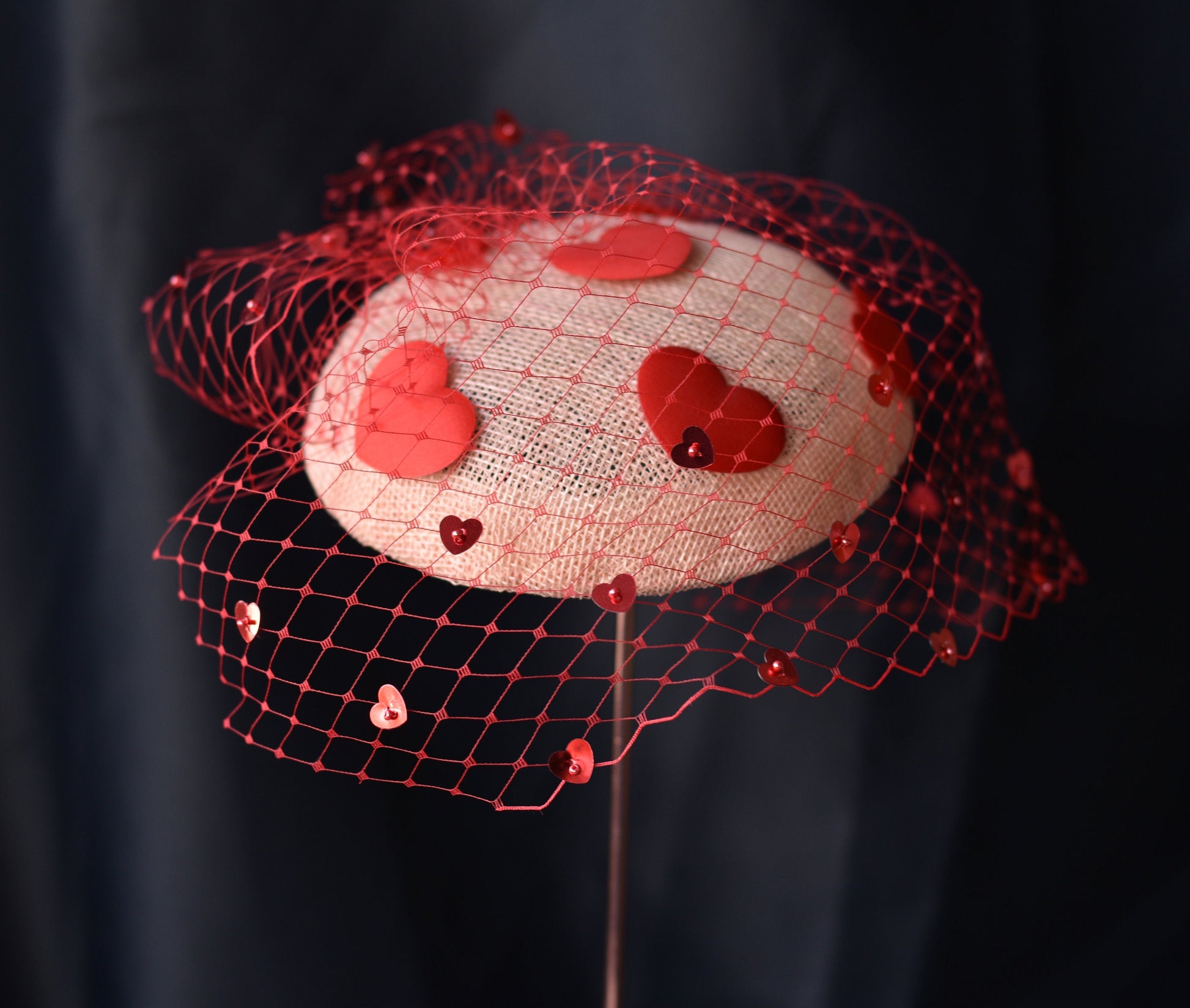 The Love Heart Fascinator with Sequin Veil in Blush Pink and Red
