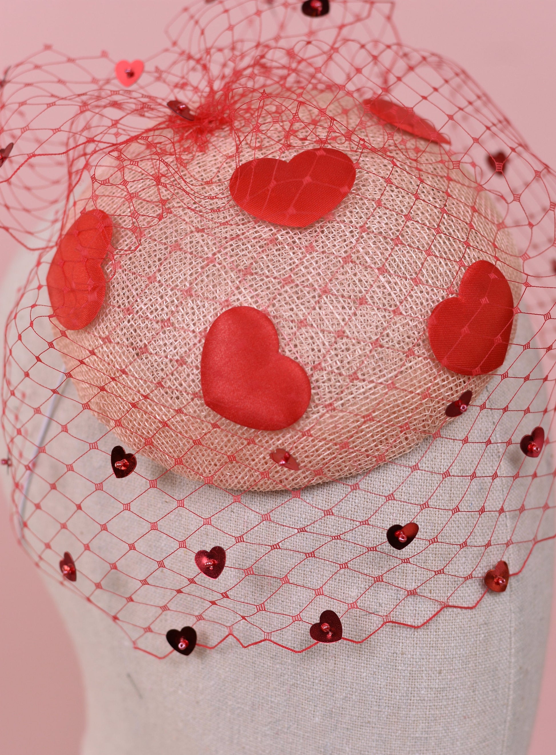 The Love Heart Fascinator with Sequin Veil in Blush Pink and Red