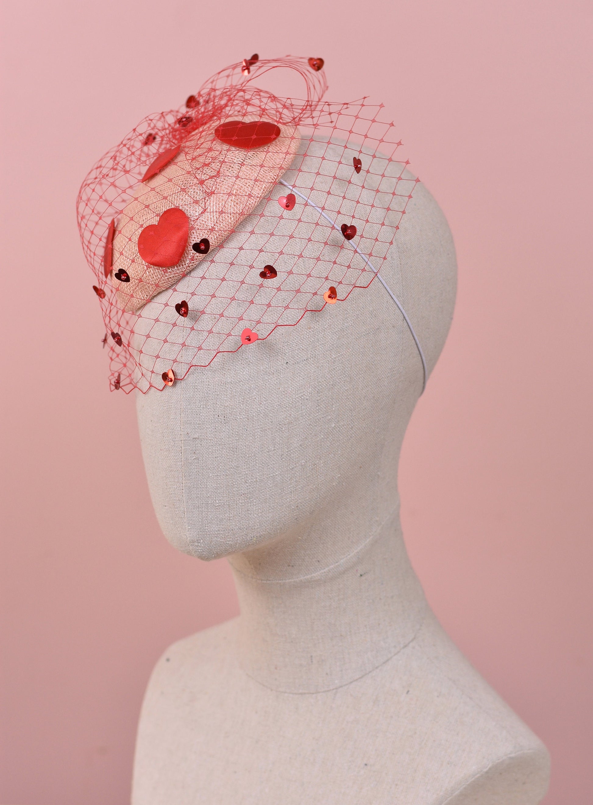 The Love Heart Fascinator with Sequin Veil in Blush Pink and Red