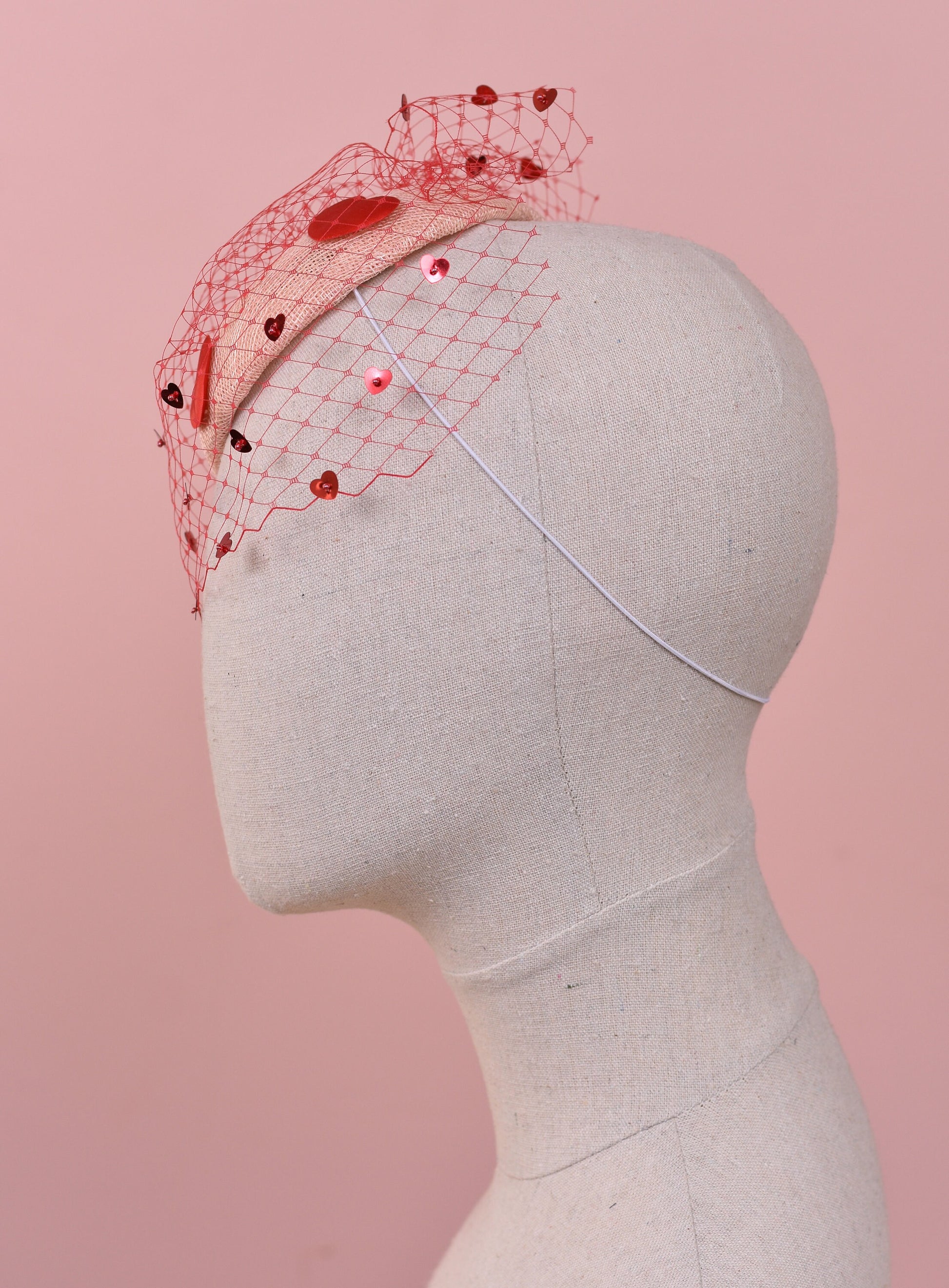 The Love Heart Fascinator with Sequin Veil in Blush Pink and Red