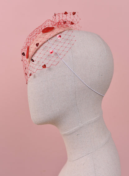 The Love Heart Fascinator with Sequin Veil in Blush Pink and Red