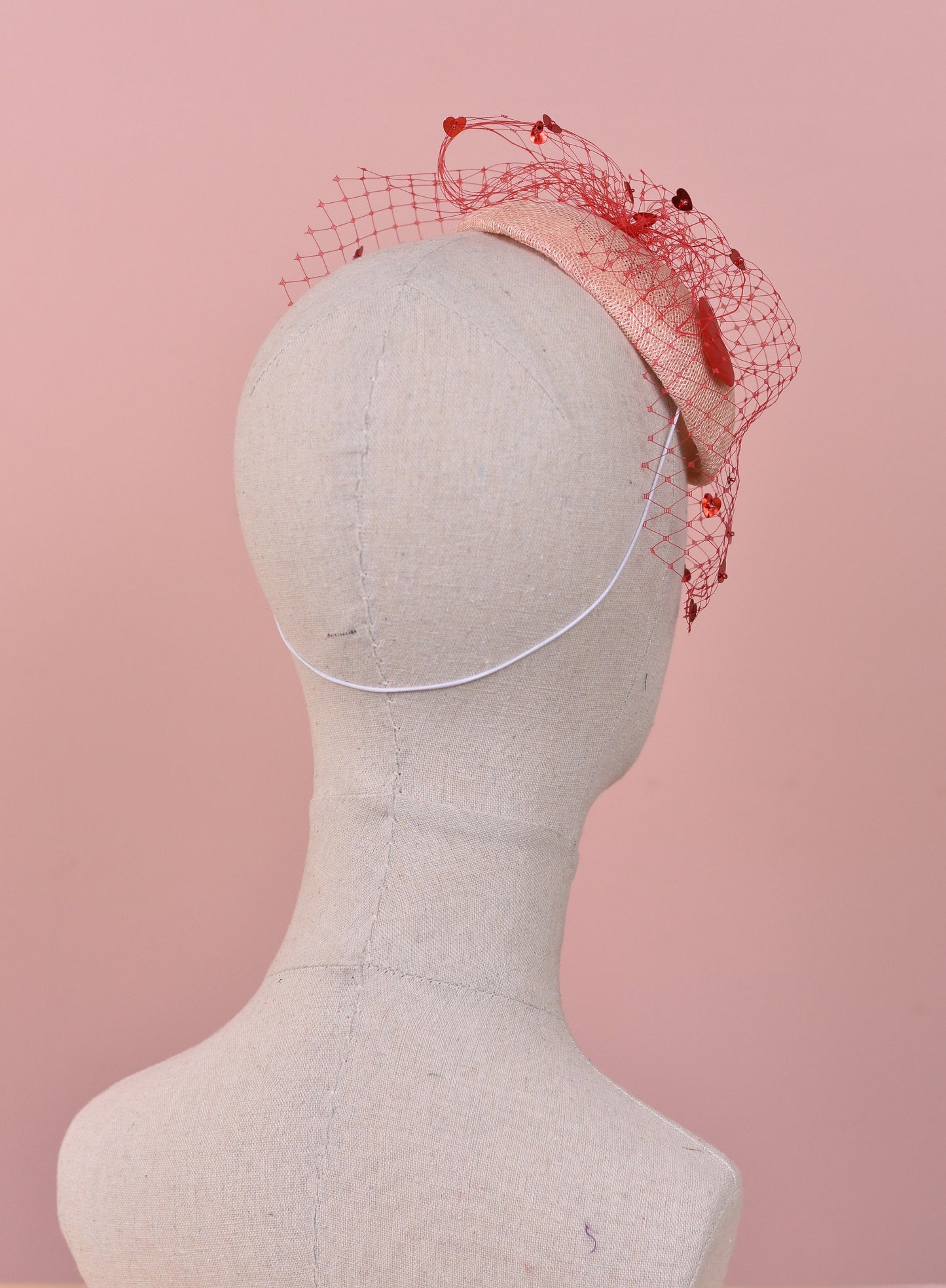 The Love Heart Fascinator with Sequin Veil in Blush Pink and Red