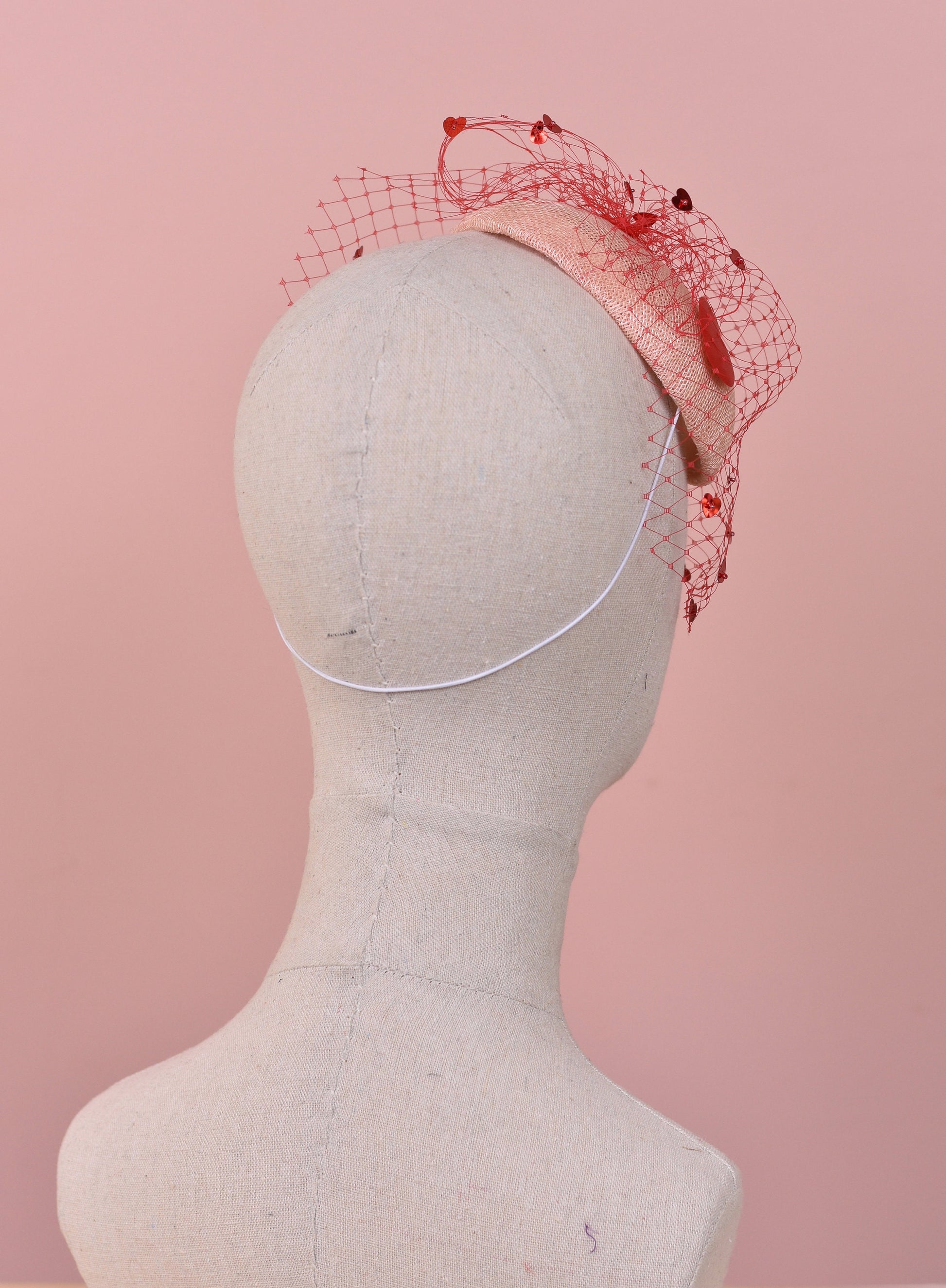 The Love Heart Fascinator with Sequin Veil in Blush Pink and Red