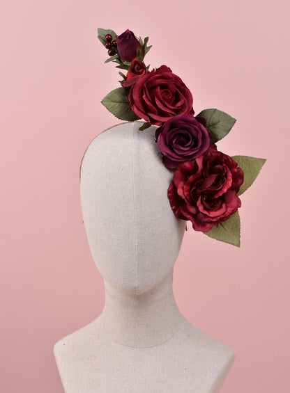 Sculptural Crimson and Plum Roses Headpiece | Flower Crown | Flower Fascinator | Flower Headband | Wedding Headpiece | Races Headpiece
