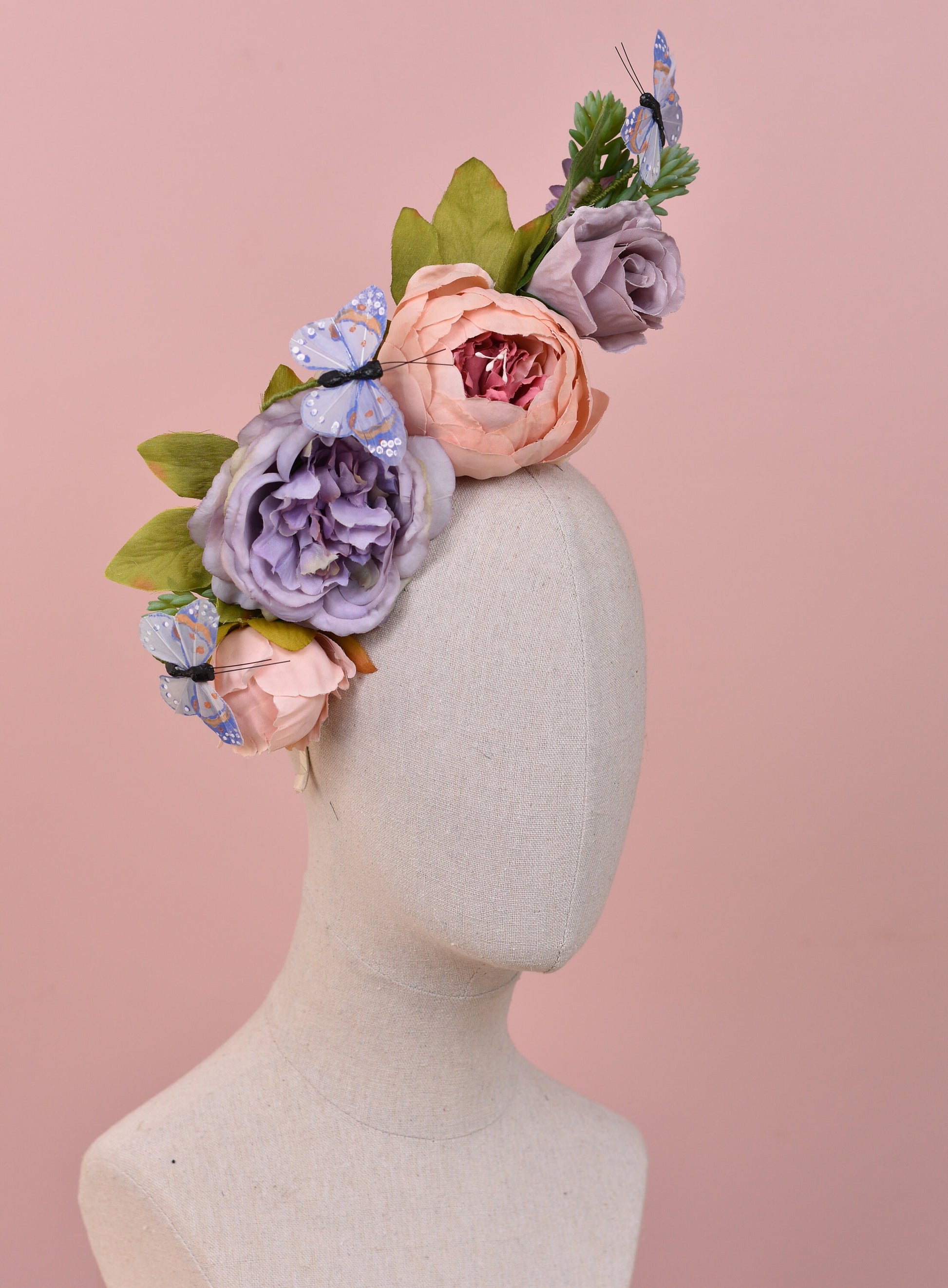 Sculptural Flower Headpiece in Blush Pink and Lilac | Flower Crown | Flower Headband | Wedding Headpiece | Races Headpiece