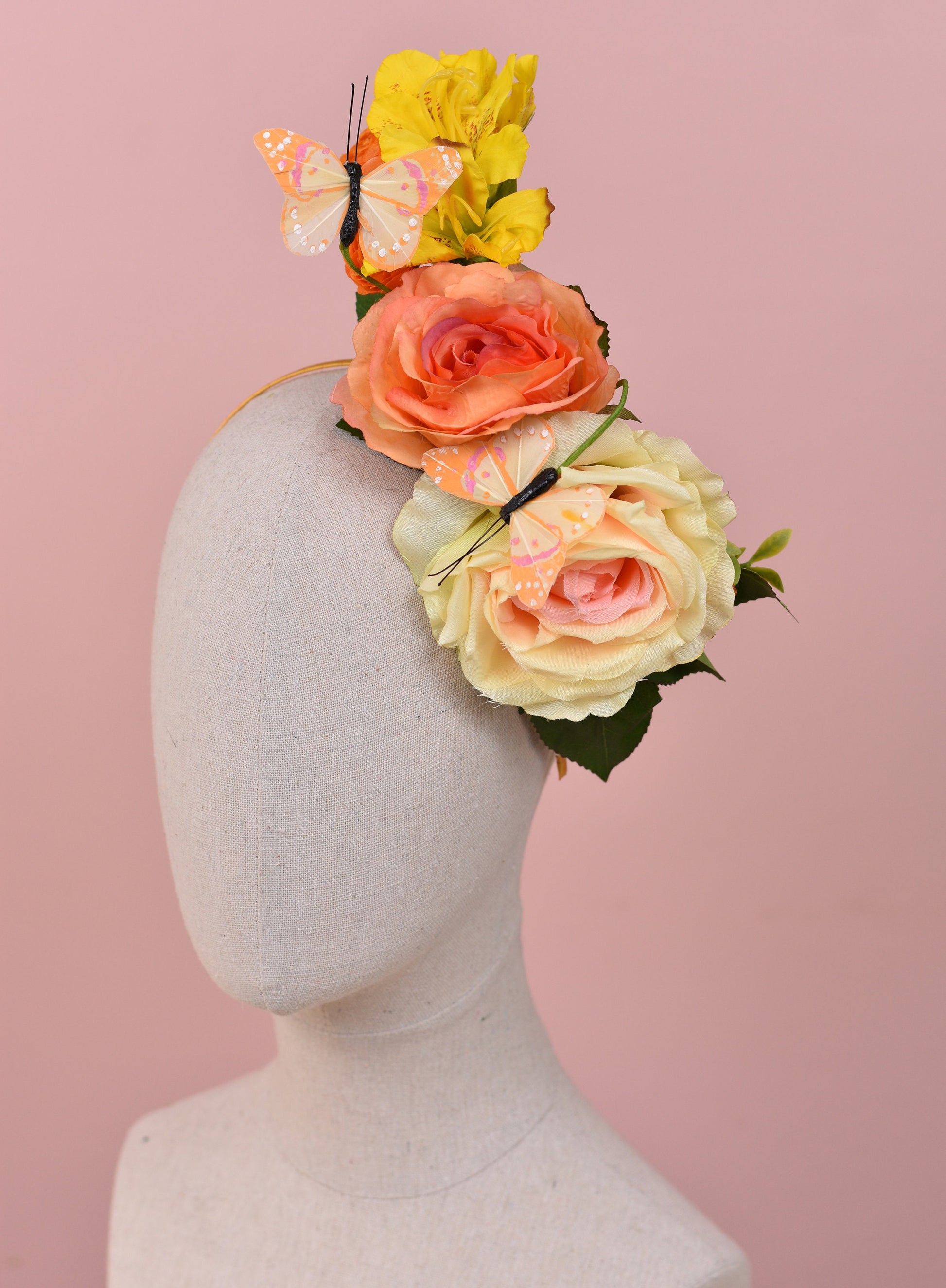 Sculptural Roses and Butterflies Headpiece in Yellow and Orange | Flower Crown | Flower Headband | Wedding Headpiece | Races Headpiece