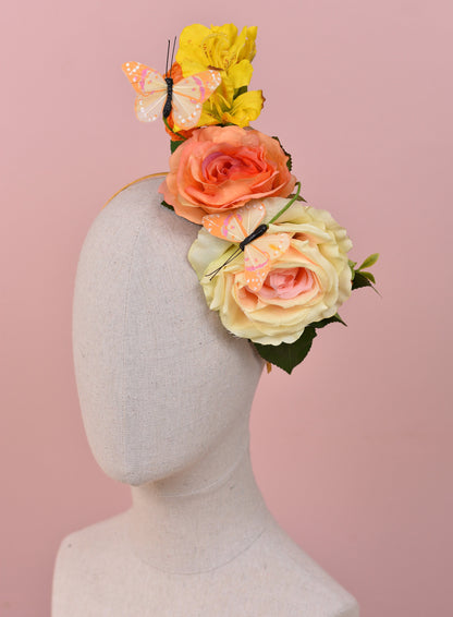 Sculptural Roses and Butterflies Headpiece in Yellow and Orange | Flower Crown | Flower Headband | Wedding Headpiece | Races Headpiece
