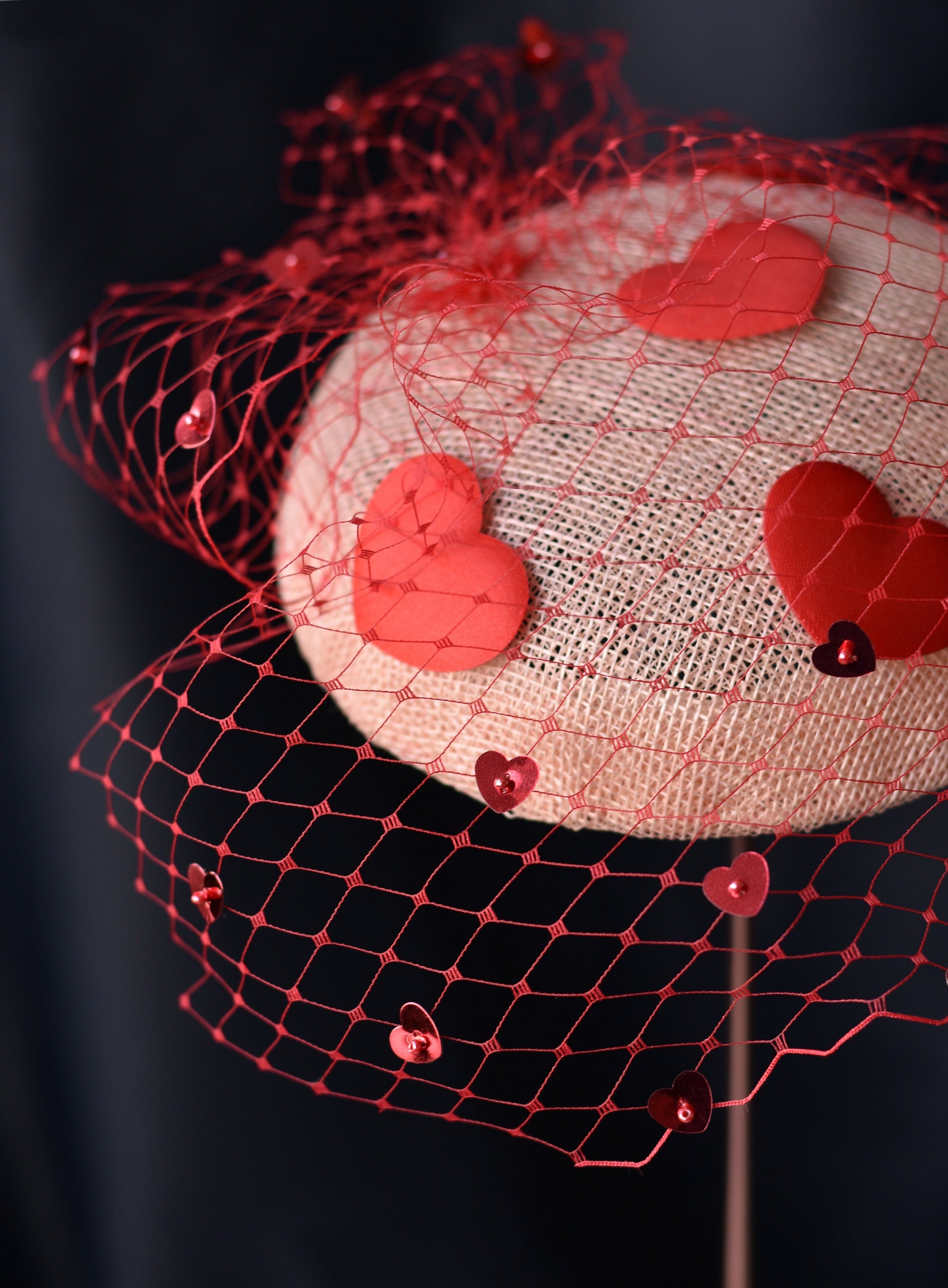 The Love Heart Fascinator with Sequin Veil in Blush Pink and Red