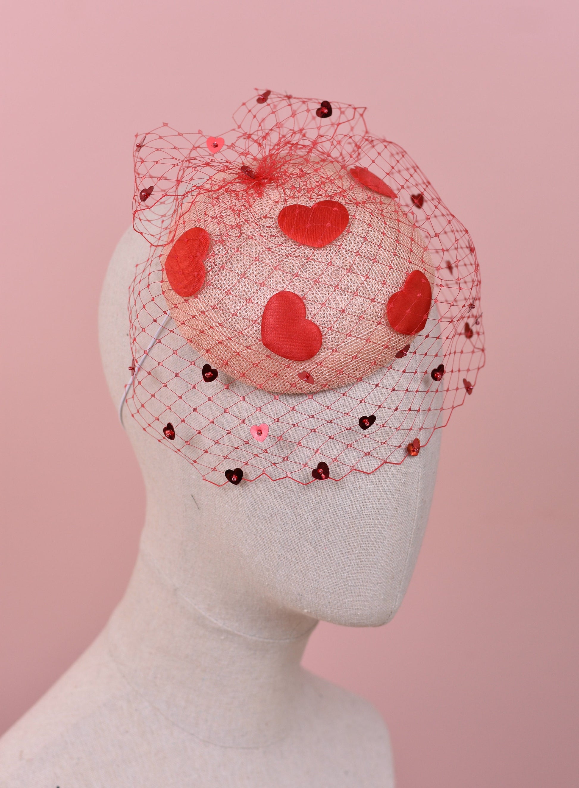 The Love Heart Fascinator with Sequin Veil in Blush Pink and Red