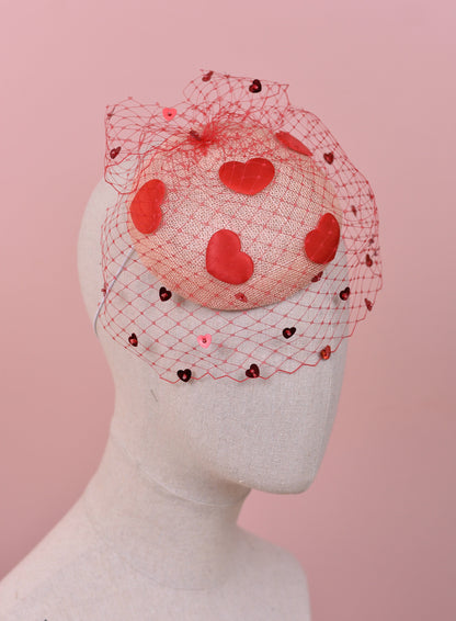 The Love Heart Fascinator with Sequin Veil in Blush Pink and Red