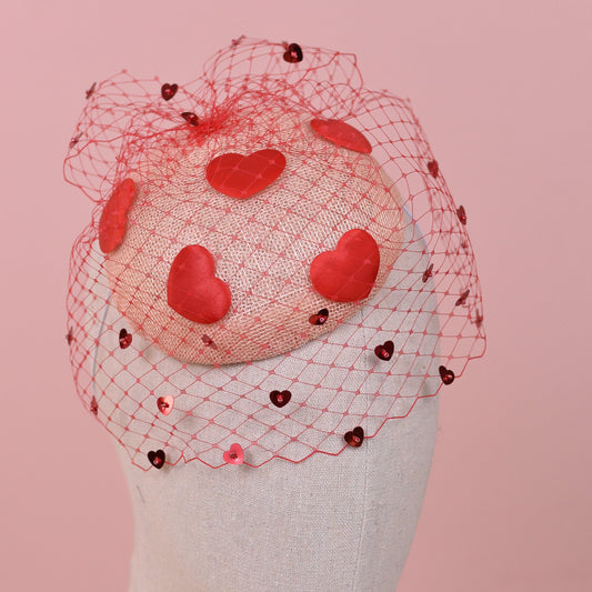 The Love Heart Fascinator with Sequin Veil in Blush Pink and Red