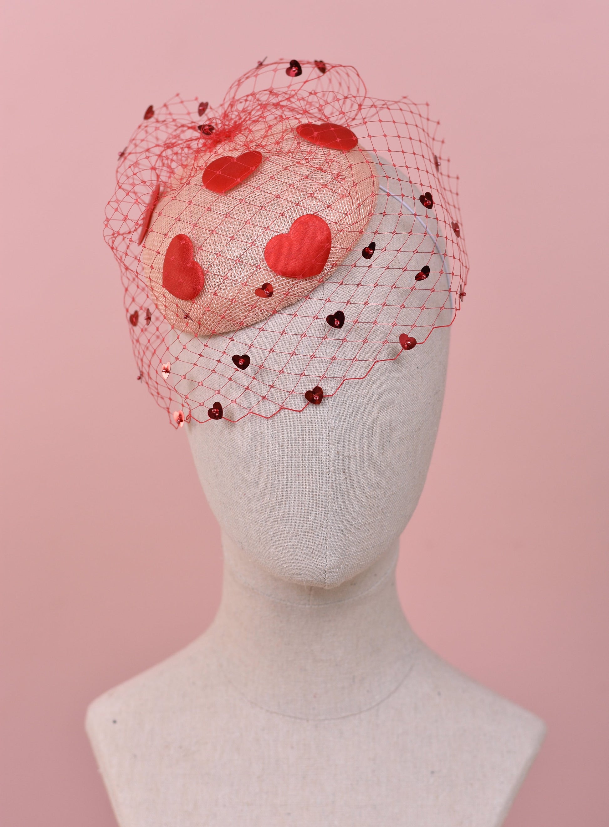The Love Heart Fascinator with Sequin Veil in Blush Pink and Red