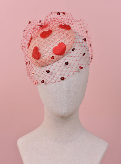 The Love Heart Fascinator with Sequin Veil in Blush Pink and Red