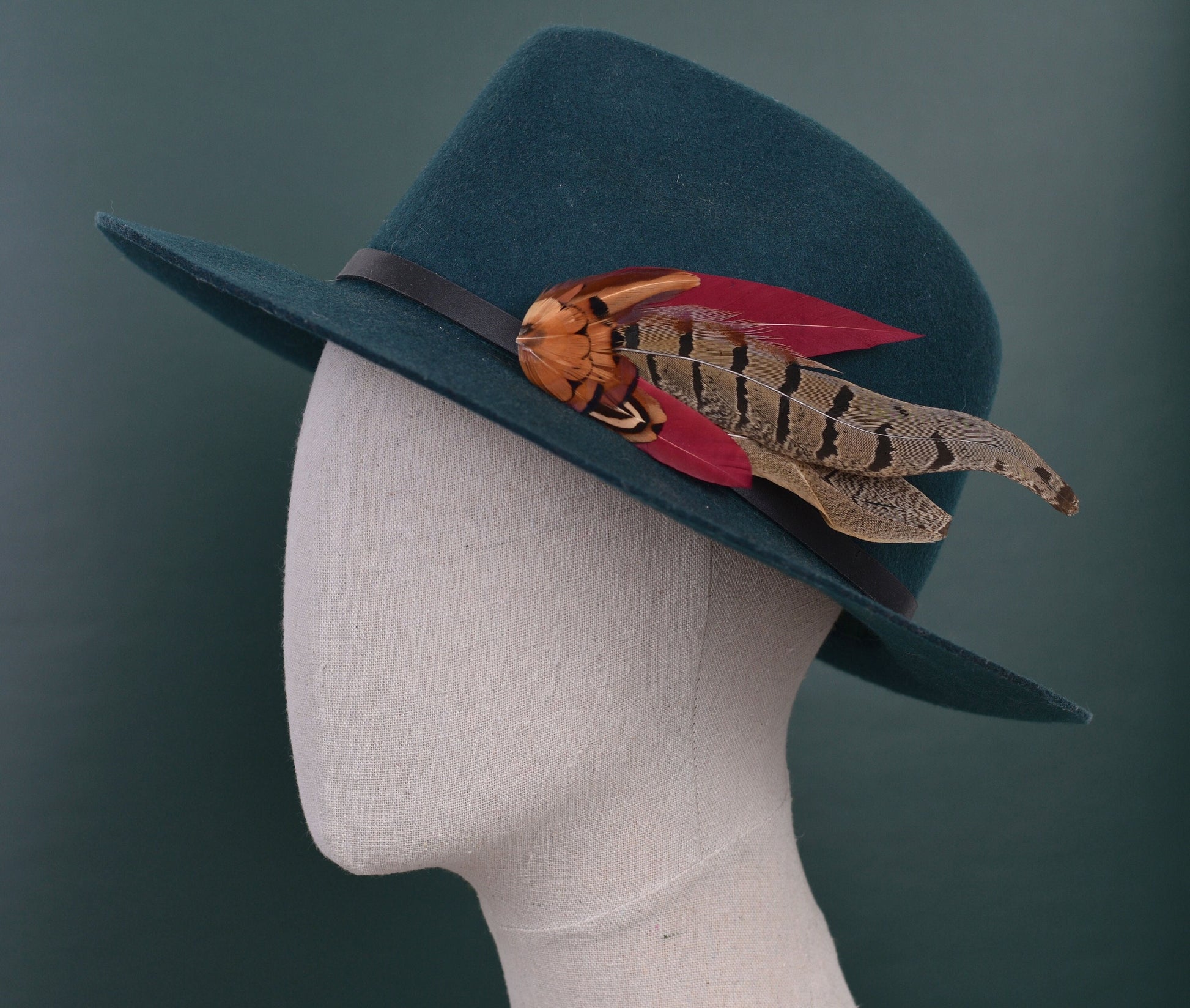 Large Copper Pheasant and Crimson Goose Feather Boutonniere / Hat Pin No.257 | Unique Hat Feather