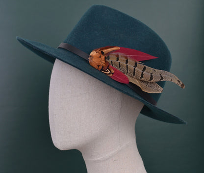 Large Copper Pheasant and Crimson Goose Feather Boutonniere / Hat Pin No.257 | Unique Hat Feather