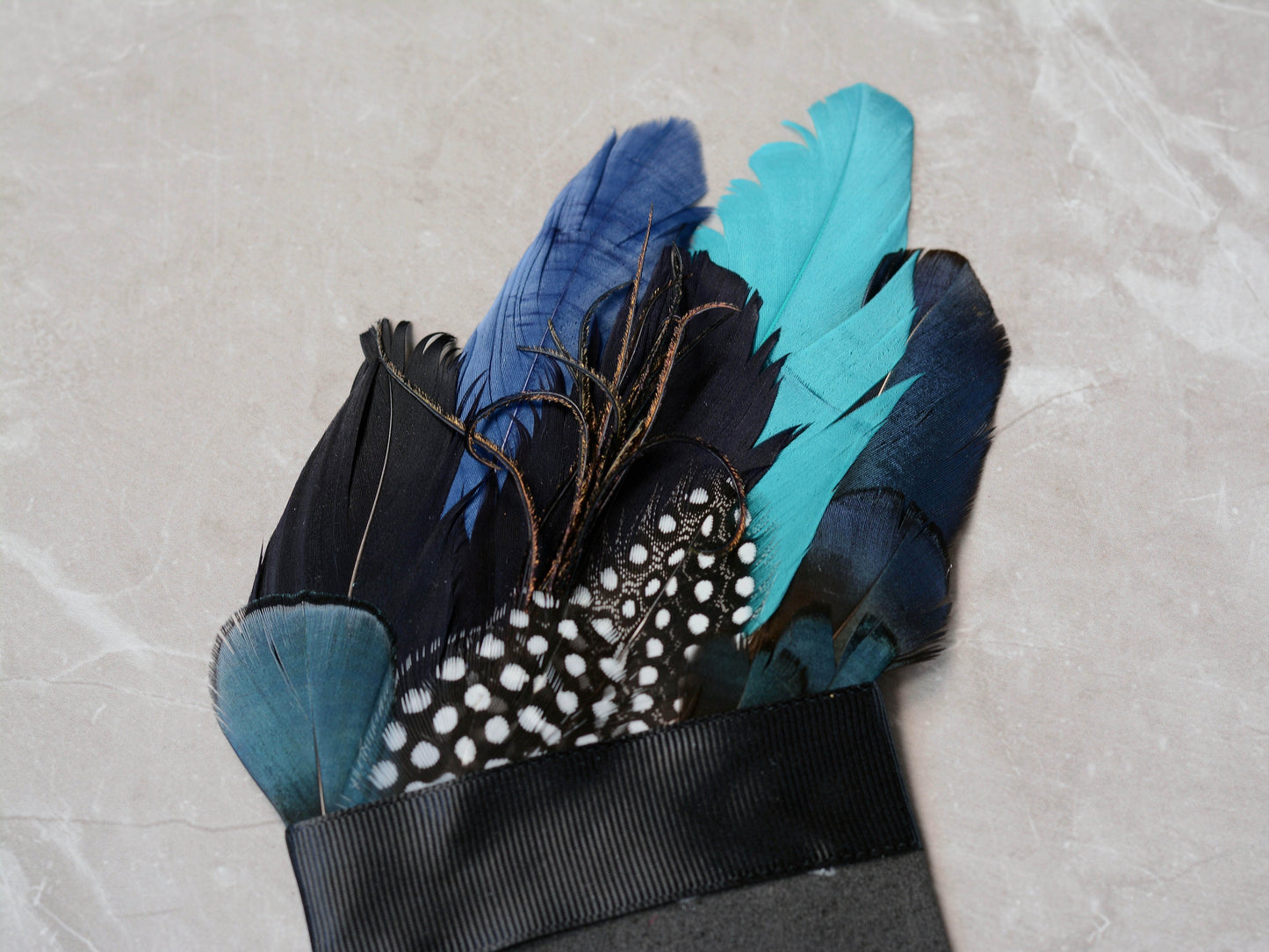 Turquoise, Navy Blue and Black Feather Pocket Square No.163 | Suit Accessory | Feather Neck Tie | Grooms Outfit | Groomsmen Gift