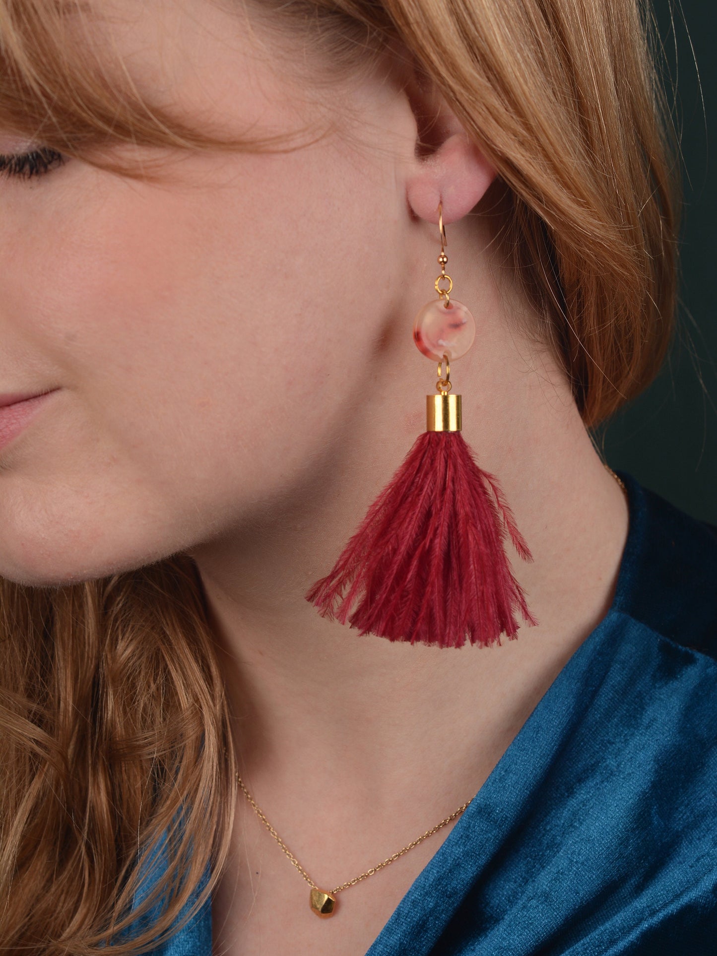 Jupiter - Crimson Red Ostrich Feather Tassel Earrings with Acetate Disc