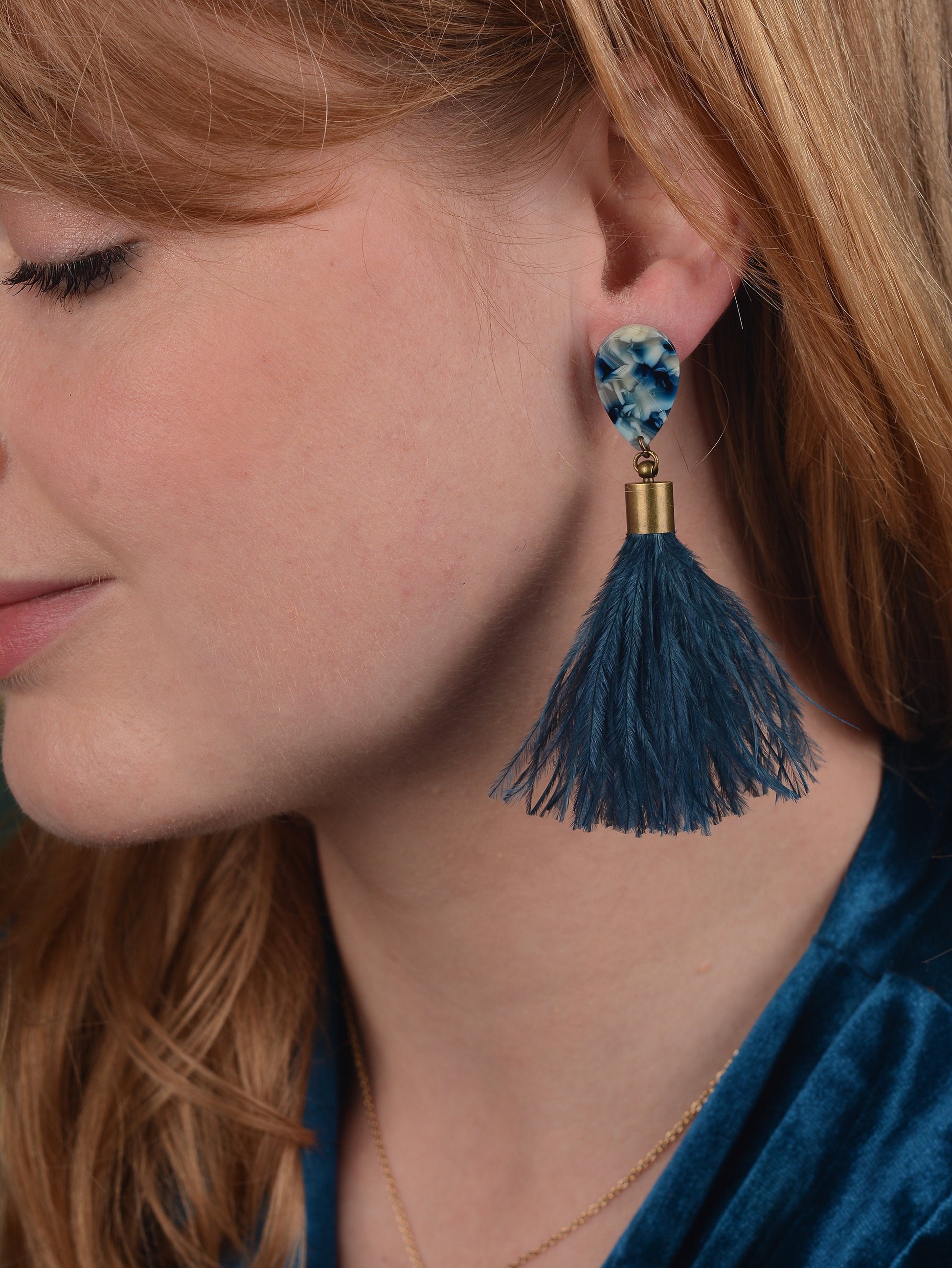 Navy Blue Acetate and Ostrich Feather Tassel Earrings | Festival Earrings | Feather Jewellery | Wedding Jewellery | Long Earrings