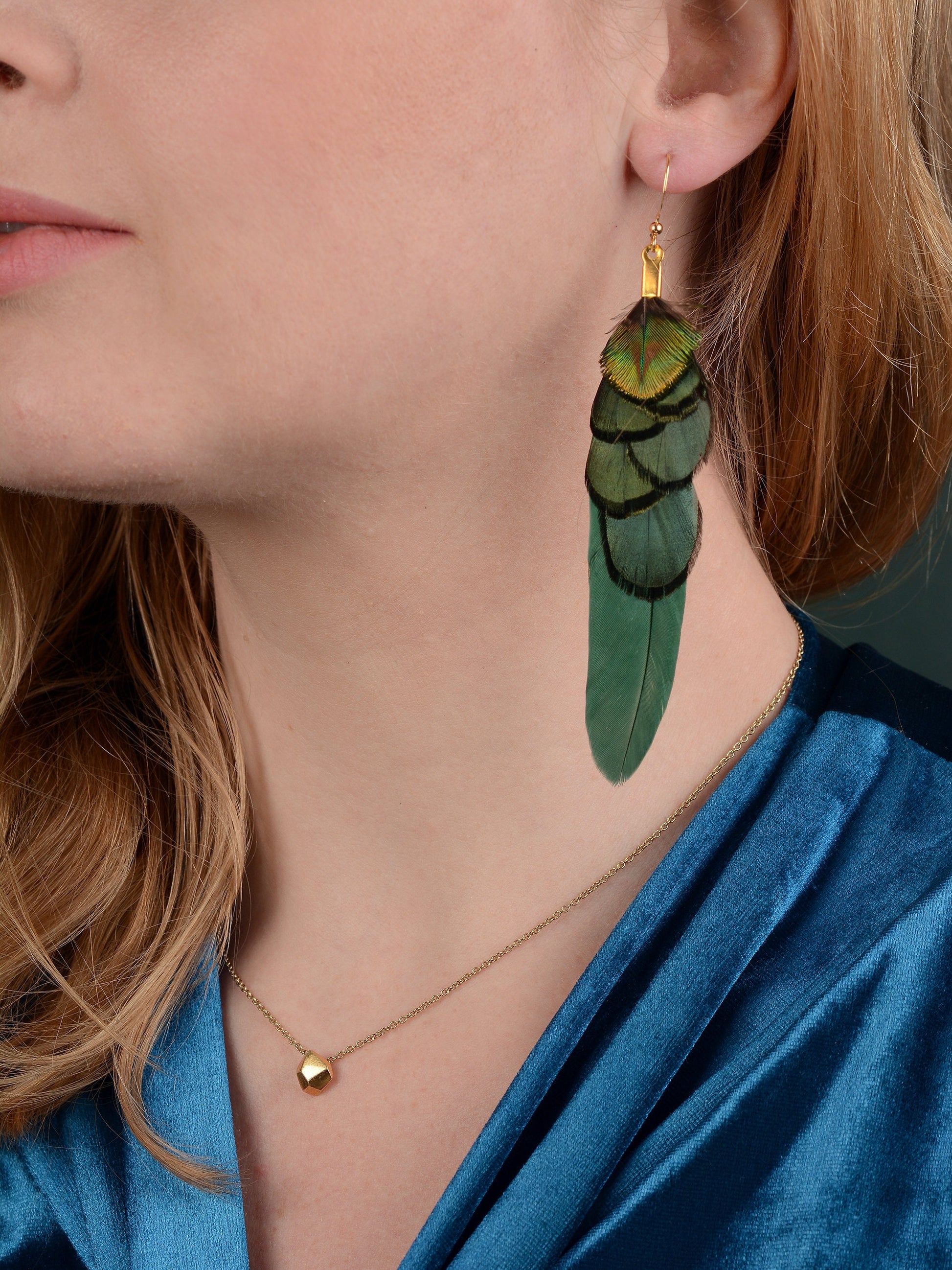 Green and Gold Feather Earrings | Peacock Feather Earrings | Festival Earrings | Feather Jewellery | Festival Jewellery | Drop Earrings