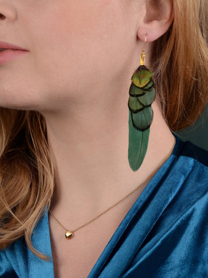 Green and Gold Feather Earrings | Peacock Feather Earrings | Festival Earrings | Feather Jewellery | Festival Jewellery | Drop Earrings