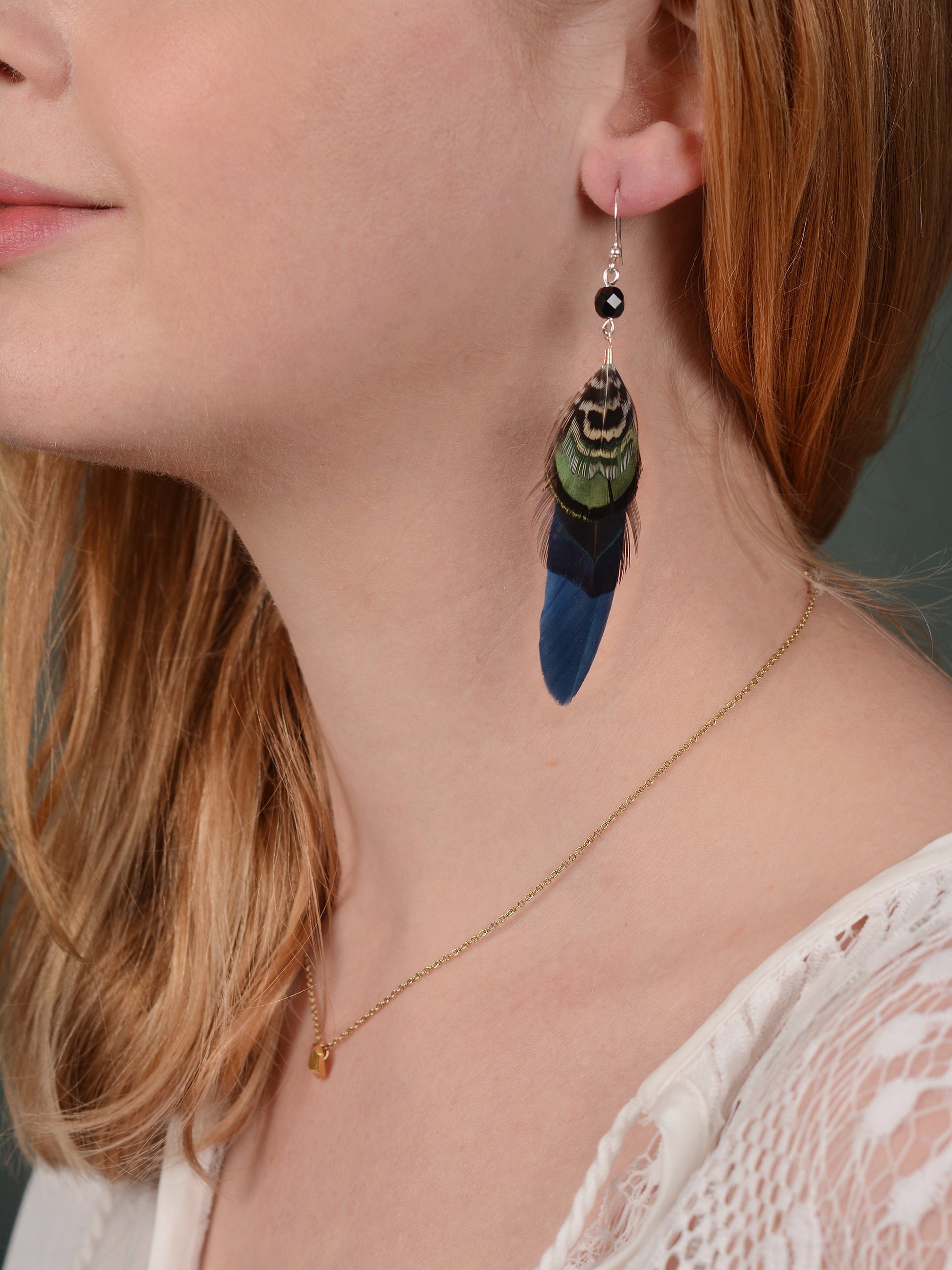 Feather Earrings in Navy Blue and Green with Aurora Crystal Bead | Feather Jewellery | Drop Earrings