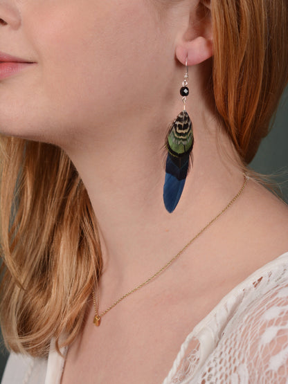 Feather Earrings in Navy Blue and Green with Aurora Crystal Bead | Feather Jewellery | Drop Earrings