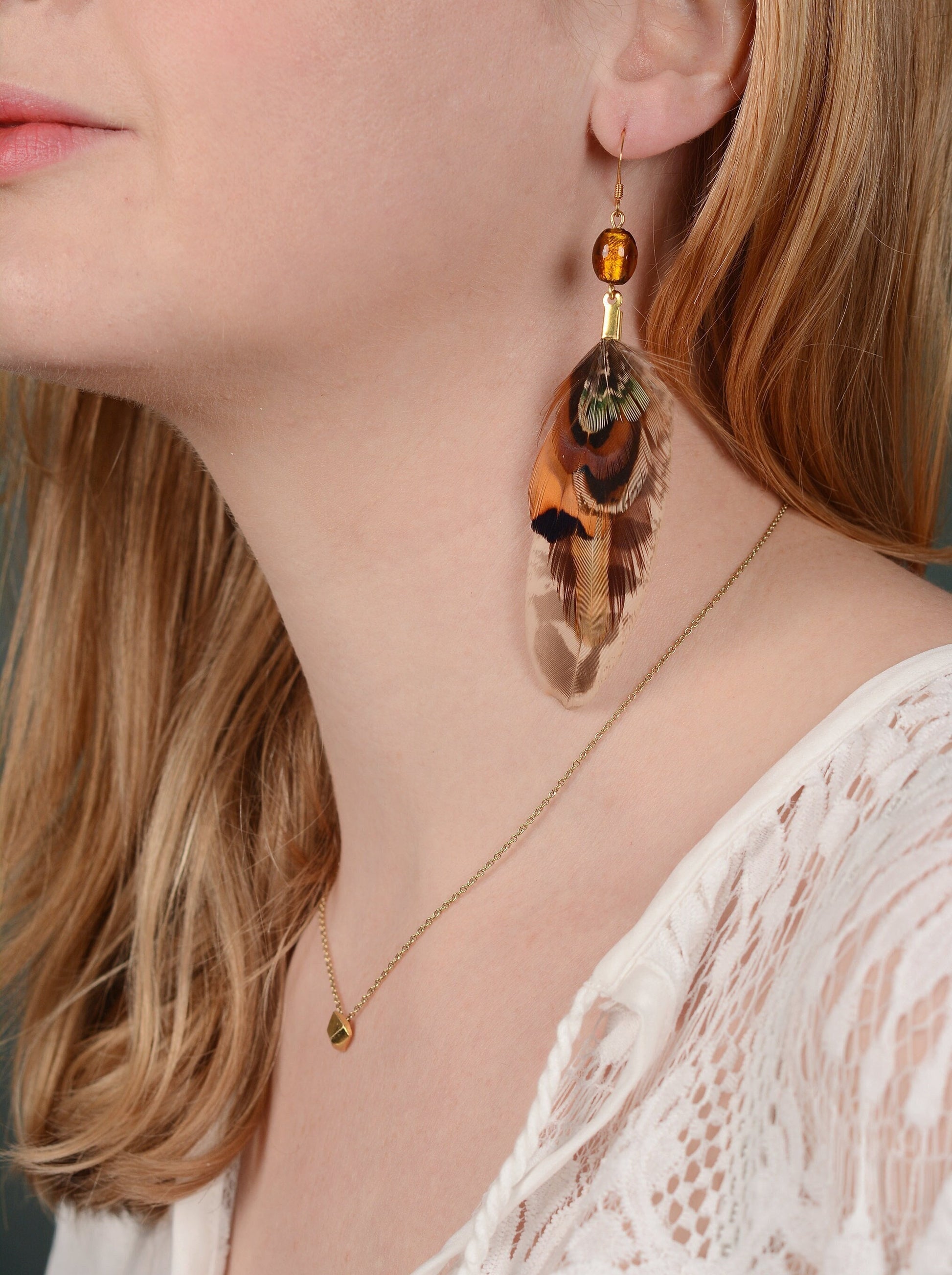 Pheasant Feather Earrings with Amber Glass Bead | Festival Earrings | Feather Jewellery | Festival Jewellery