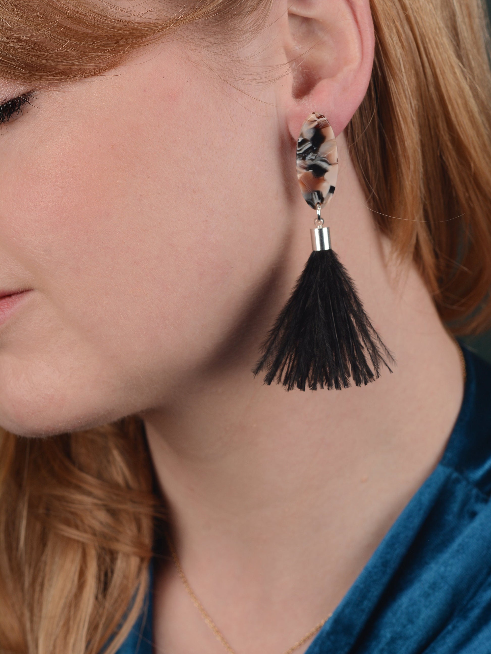 Black and Blush Pink Oval Acetate and Ostrich Feather Tassel Earrings