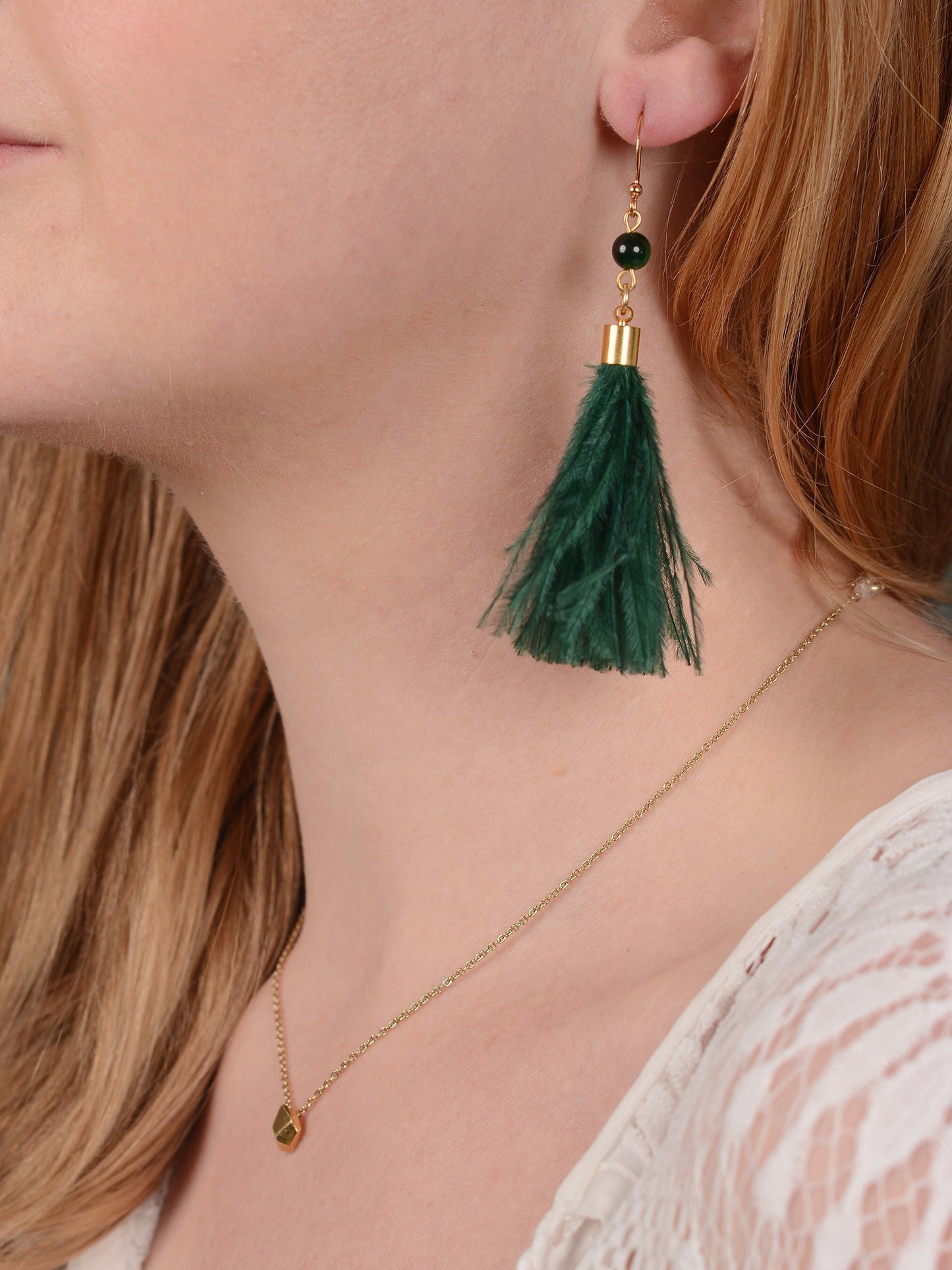 Green Agate and Ostrich Feather Tassel Earrings | Feather Jewellery | Long Earrings