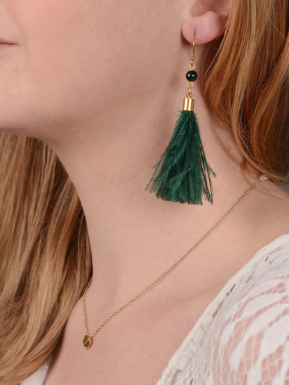Green Agate and Ostrich Feather Tassel Earrings | Feather Jewellery | Long Earrings