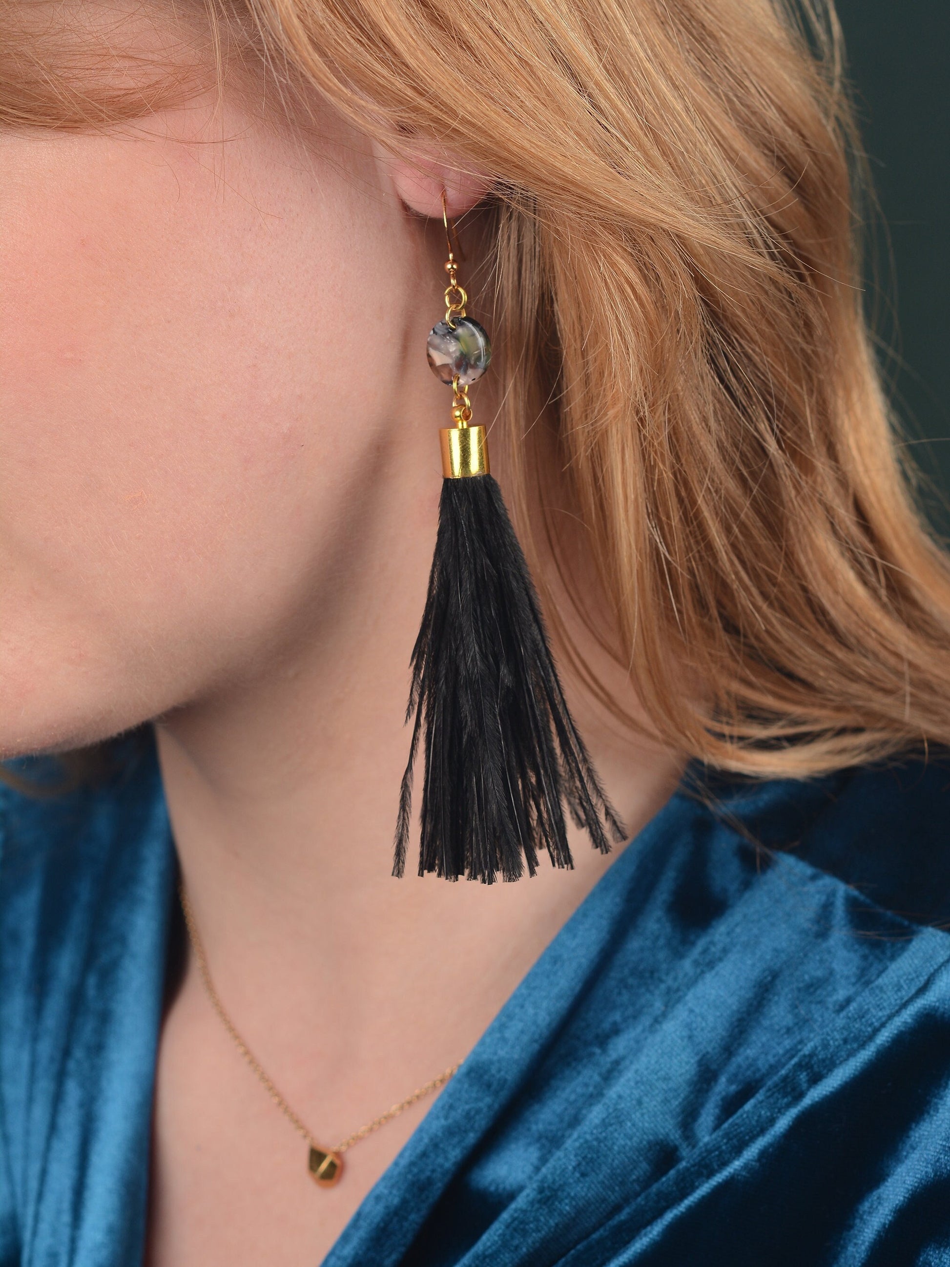 Pluto - Long Black Ostrich Feather Tassel Earrings with Acetate Disc | Festival Earrings | Feather Jewellery