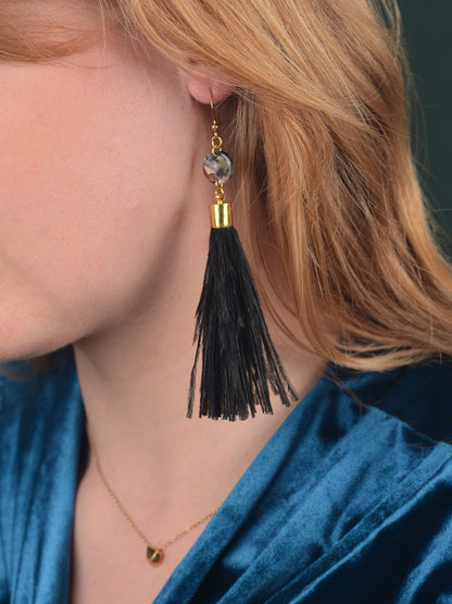 Pluto - Long Black Ostrich Feather Tassel Earrings with Acetate Disc | Festival Earrings | Feather Jewellery
