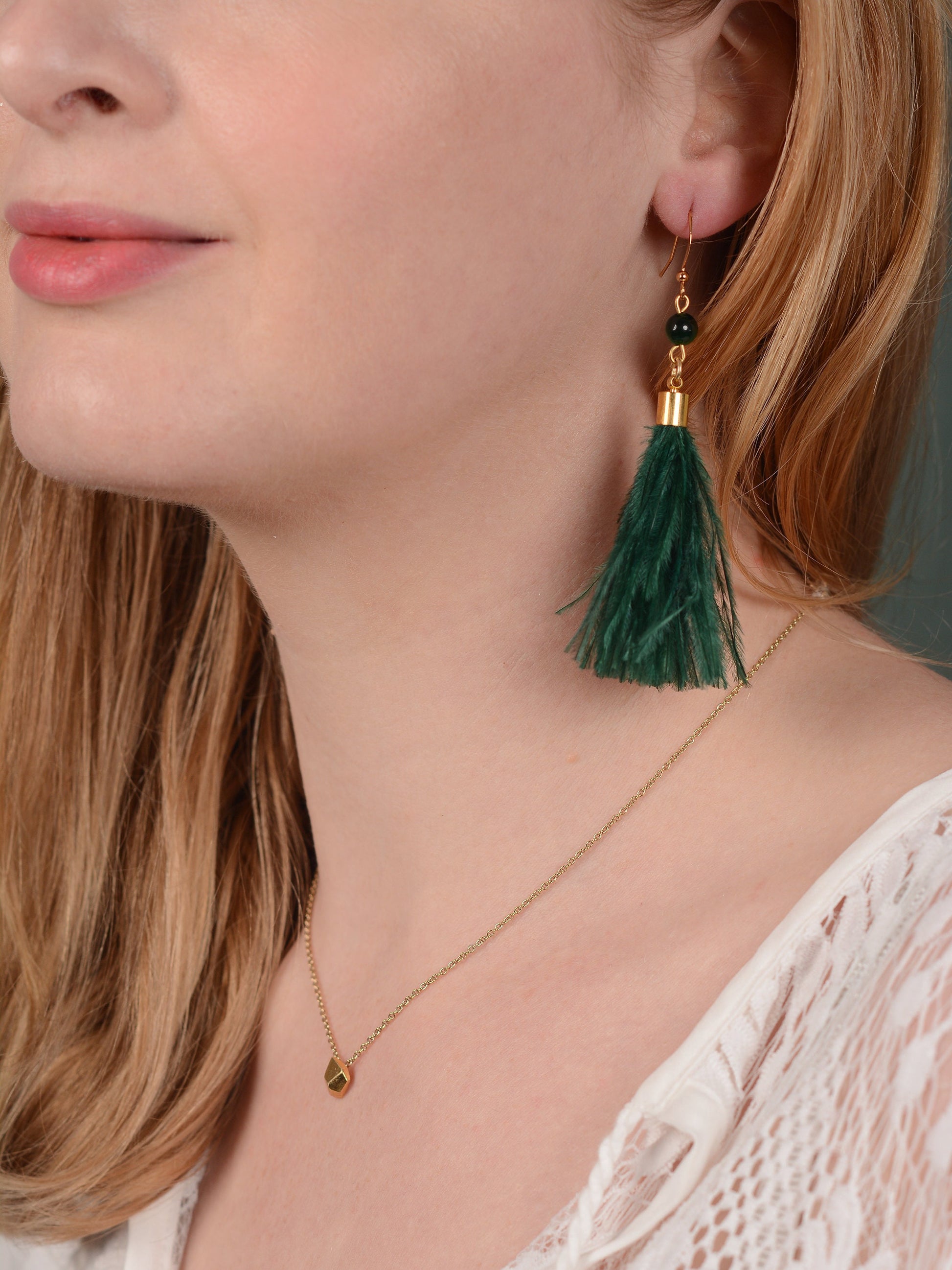 Green Agate and Ostrich Feather Tassel Earrings | Feather Jewellery | Long Earrings