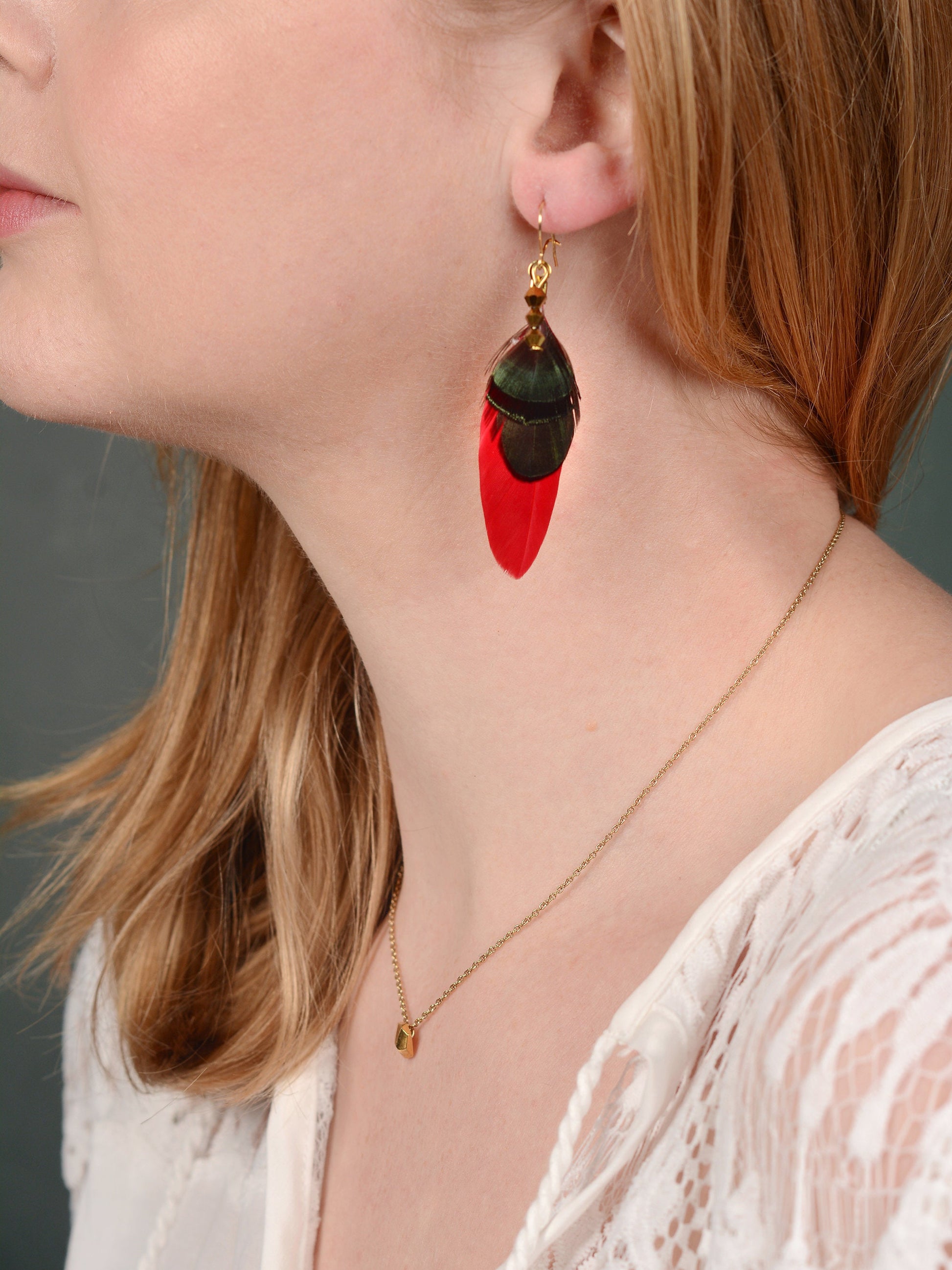 Red, Green and Gold Feather Earrings | Festival Earrings | Feather Jewellery | Festival Jewellery | Drop Earrings