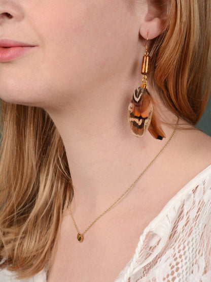 Pheasant Tassel Feather Earrings with Vintage Glass Tube Bead | Festival Earrings | Feather Jewellery | Festival Jewellery