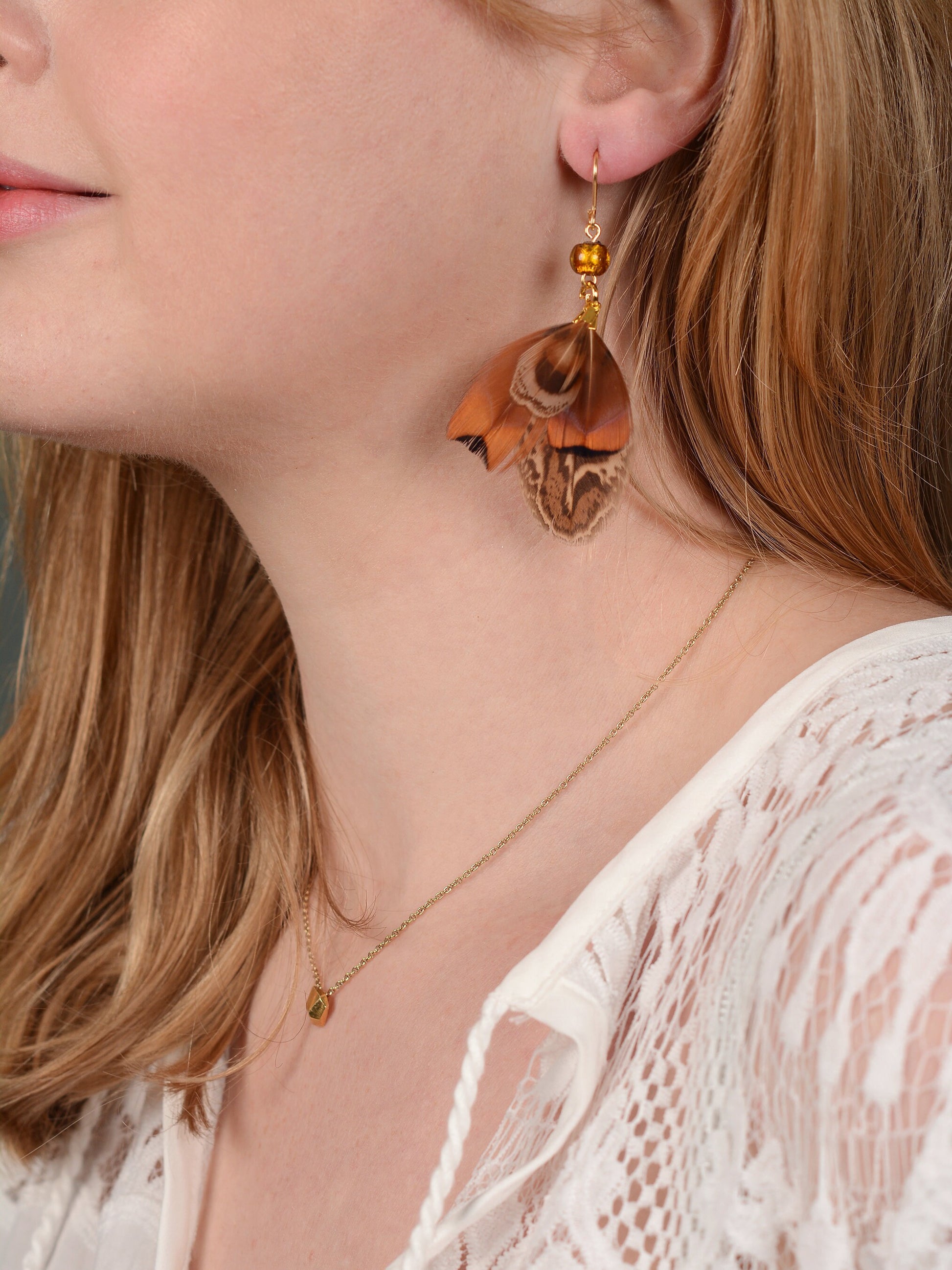 Pheasant Tassel Feather Earrings with Amber Glass Bead | Festival Earrings | Feather Jewellery | Festival Jewellery