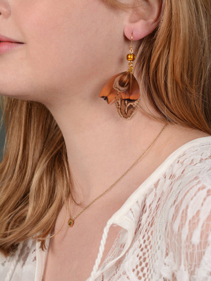 Pheasant Tassel Feather Earrings with Amber Glass Bead | Festival Earrings | Feather Jewellery | Festival Jewellery