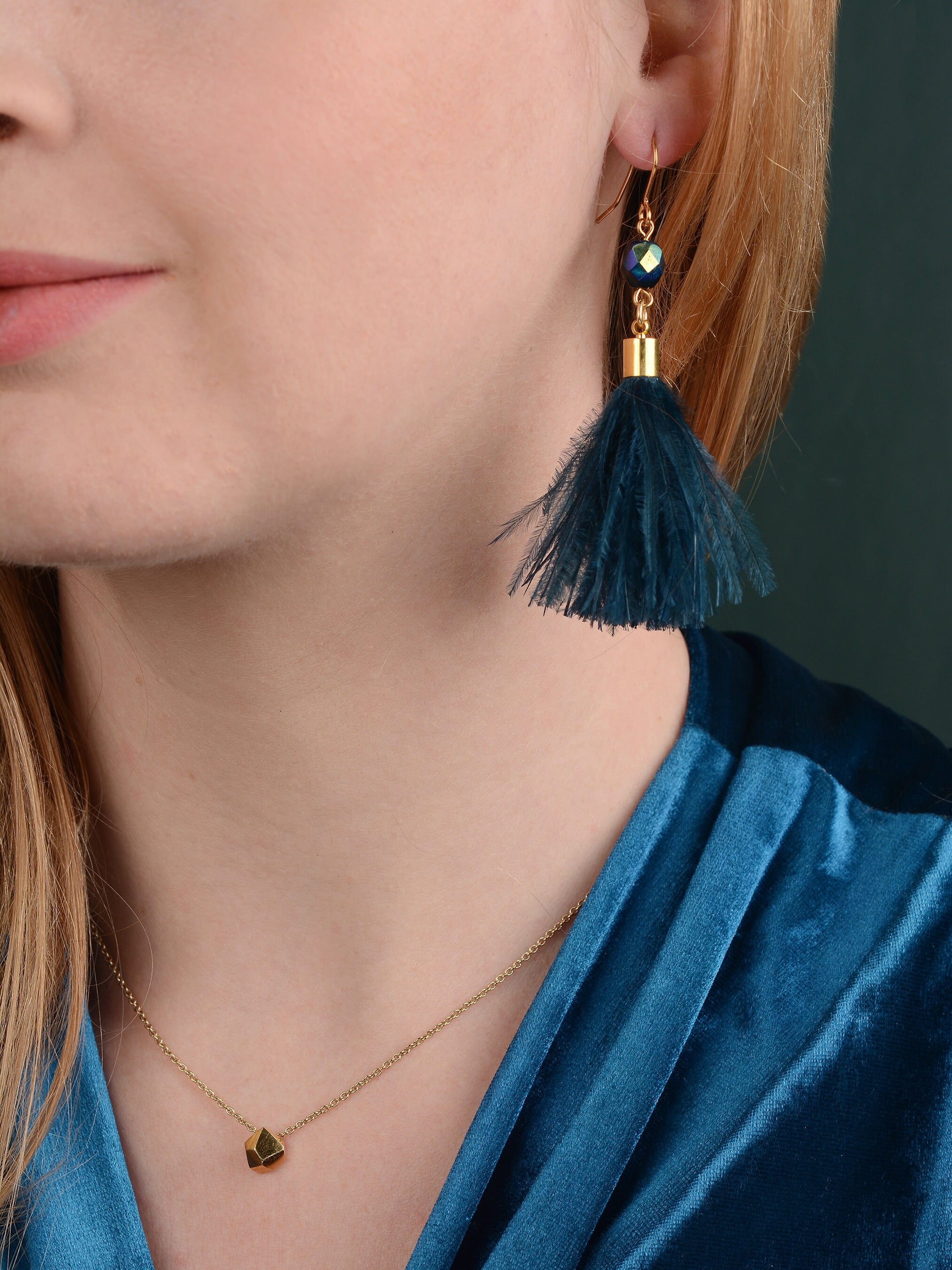 Navy Blue Ostrich Feather Tassel Earrings | Feather Jewellery | Long Earrings