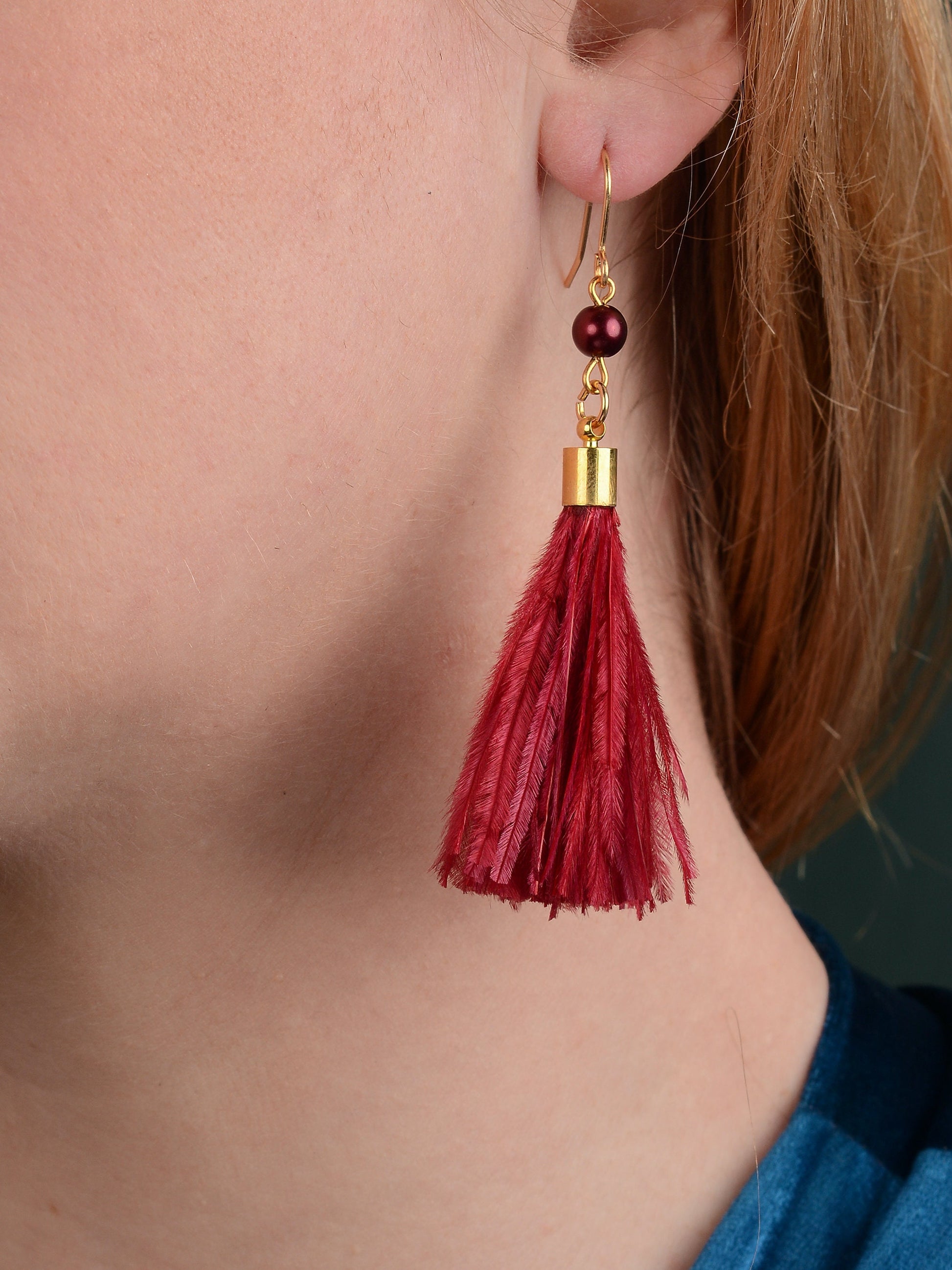Crimson Red Ostrich Feather Tassel Earrings | Feather Jewellery | Long Earrings