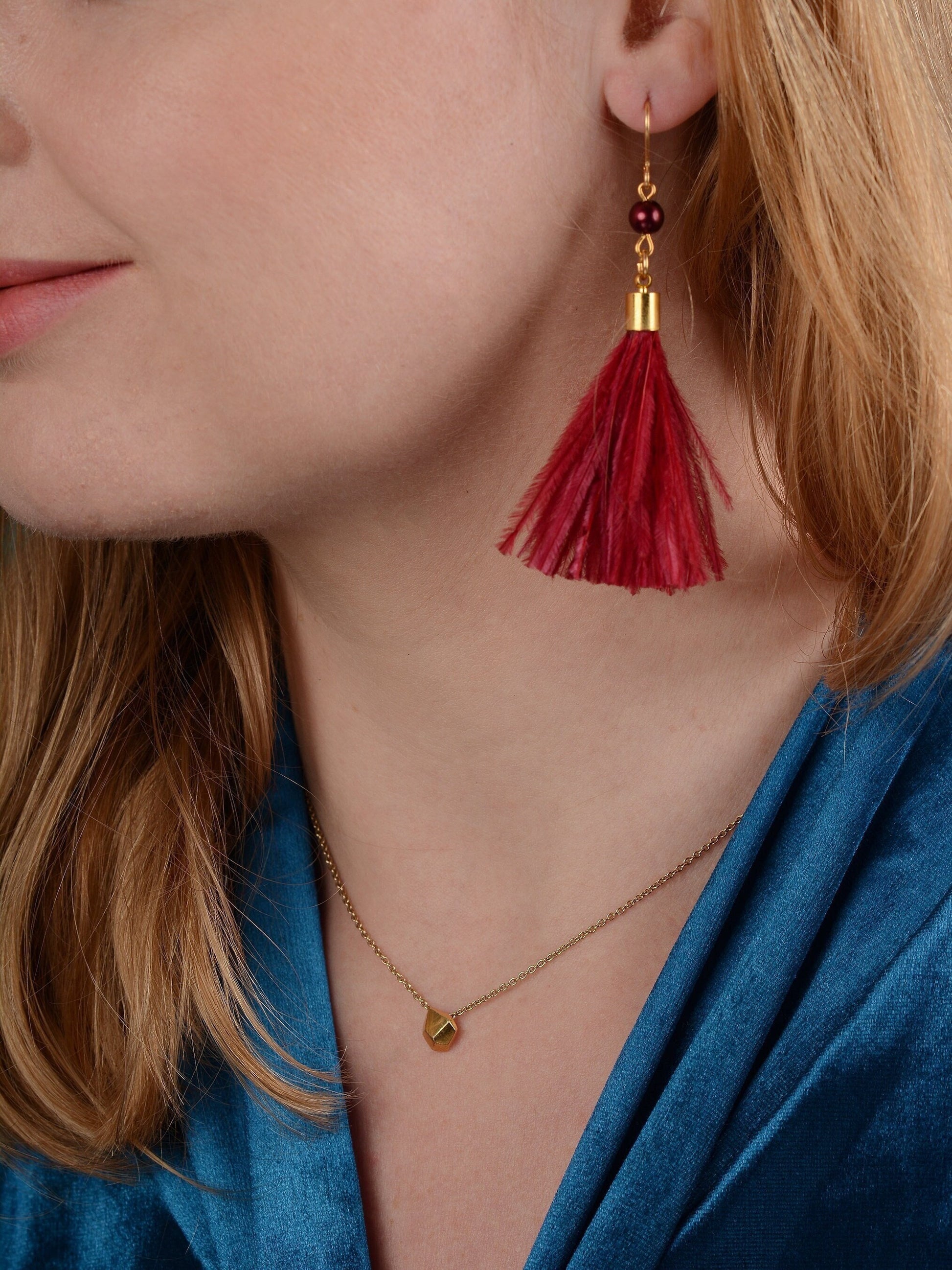 Crimson Red Ostrich Feather Tassel Earrings | Feather Jewellery | Long Earrings