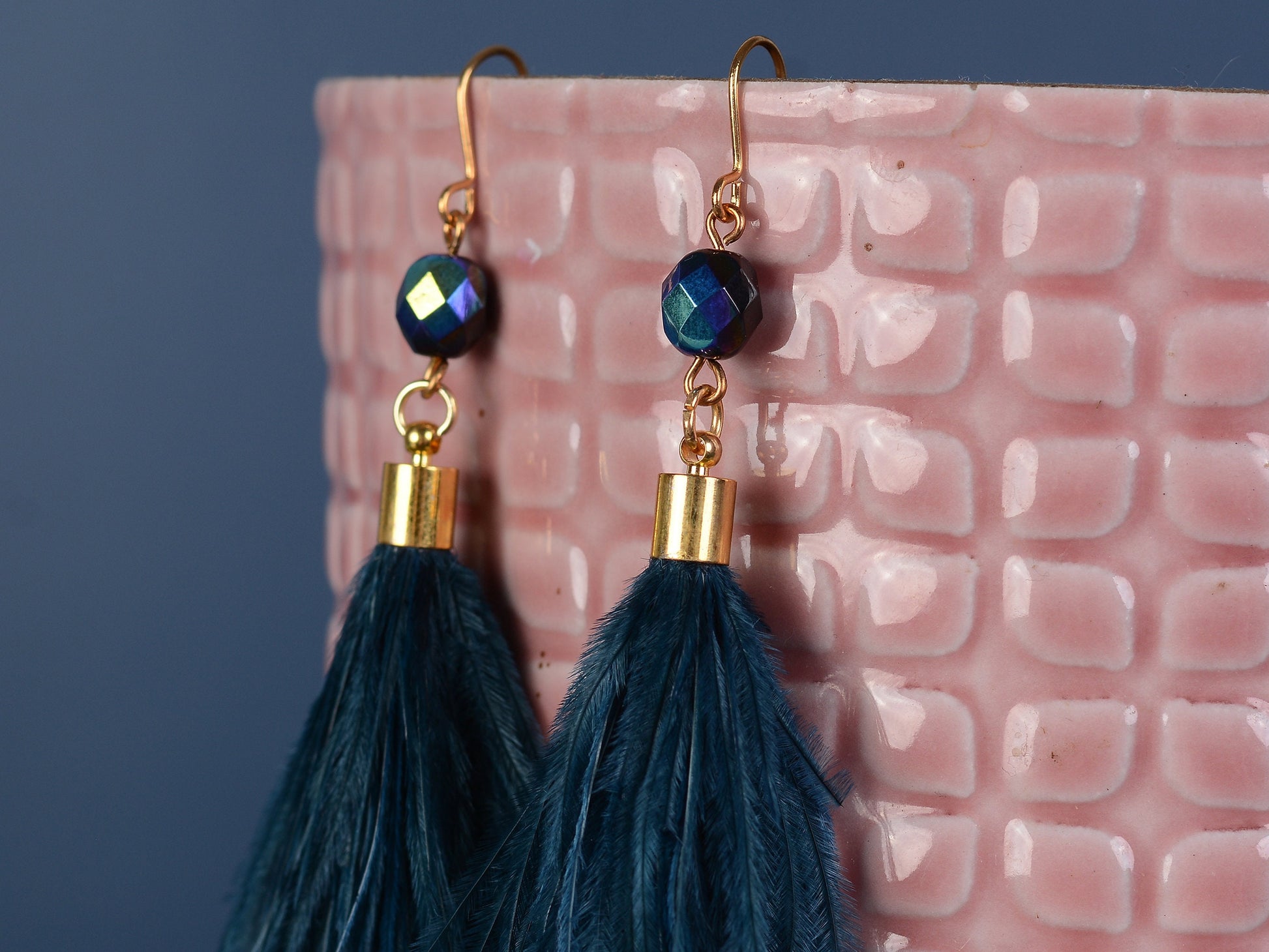 Navy Blue Ostrich Feather Tassel Earrings | Feather Jewellery | Long Earrings