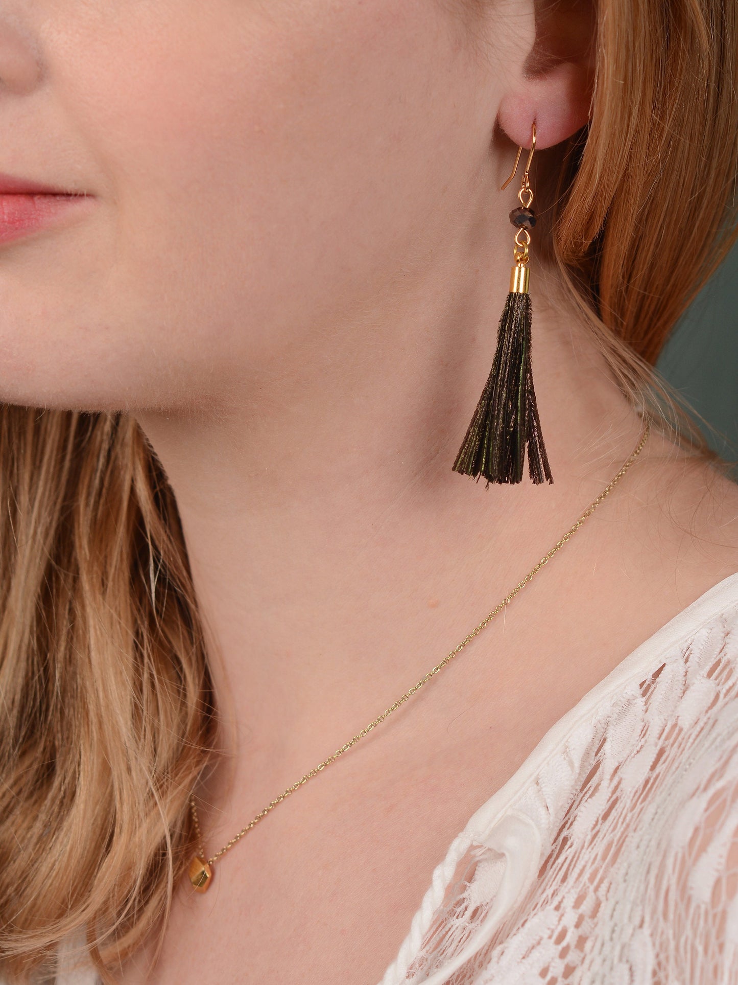 Peacock Small Round Bronze Feather Tassel Earrings | Festival Earrings | Feather Jewellery | Bohemian | Long Earrings