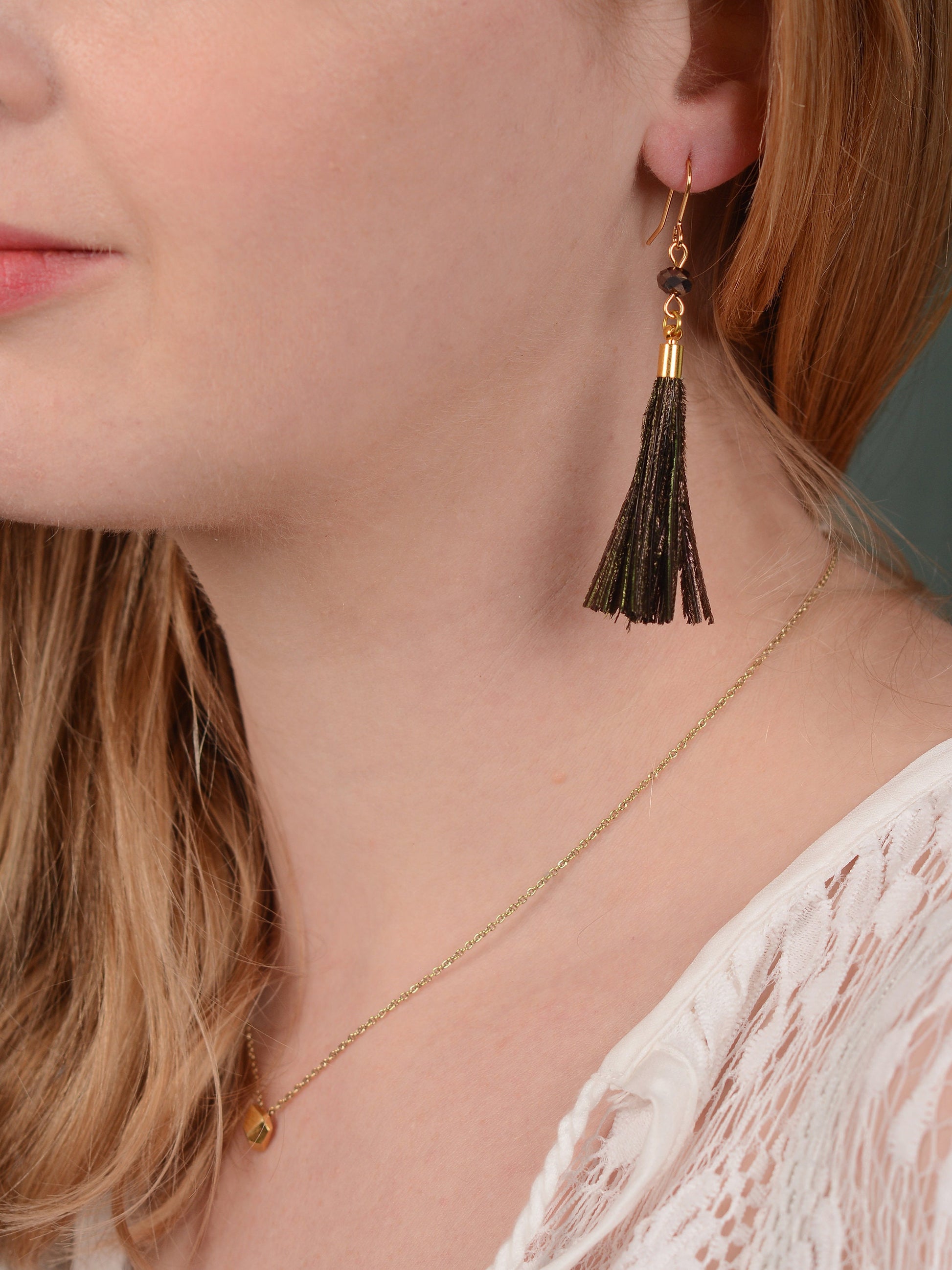 Peacock Small Round Bronze Feather Tassel Earrings | Festival Earrings | Feather Jewellery | Bohemian | Long Earrings